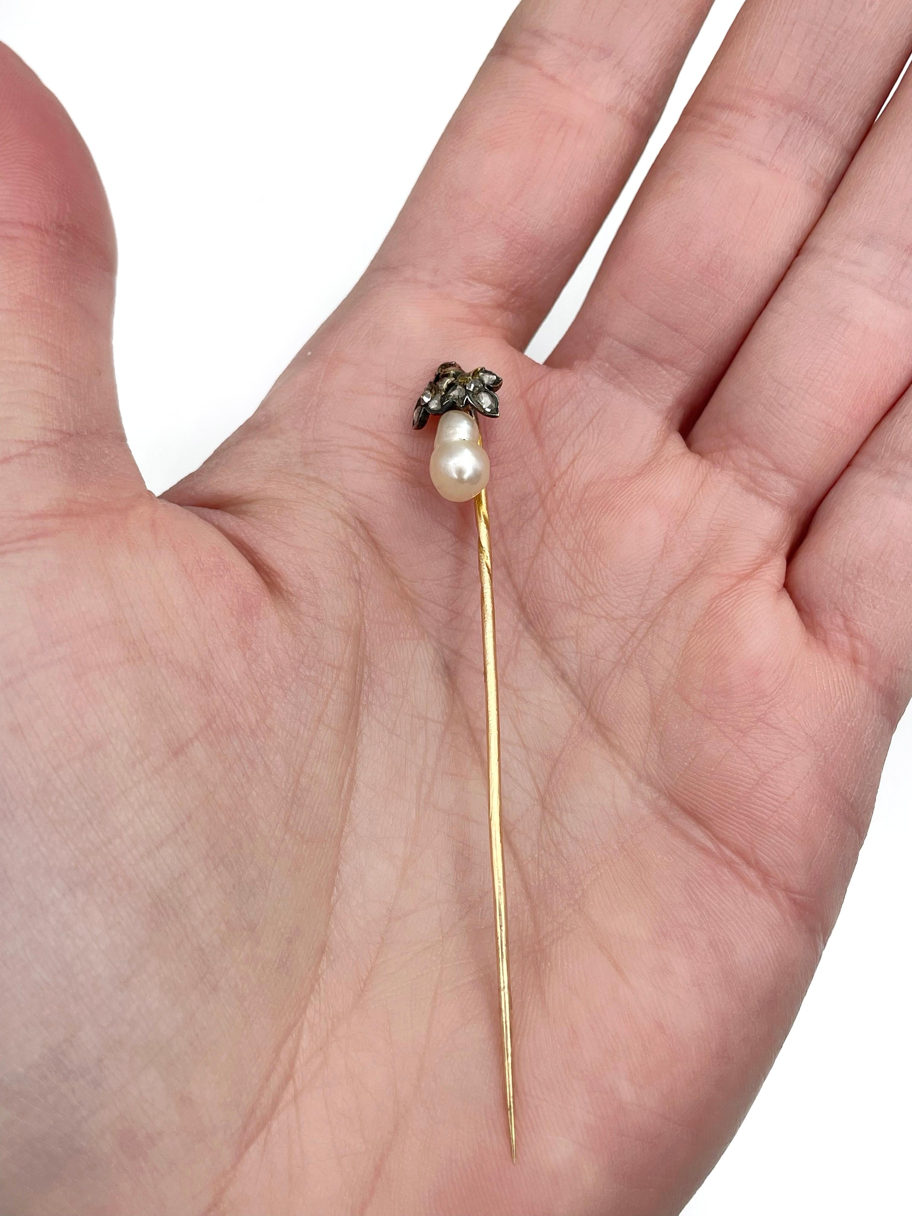 Victorian 18 Karat Yellow Gold Rose Cut Diamond Pearl Pear Stick Pin Brooch 2