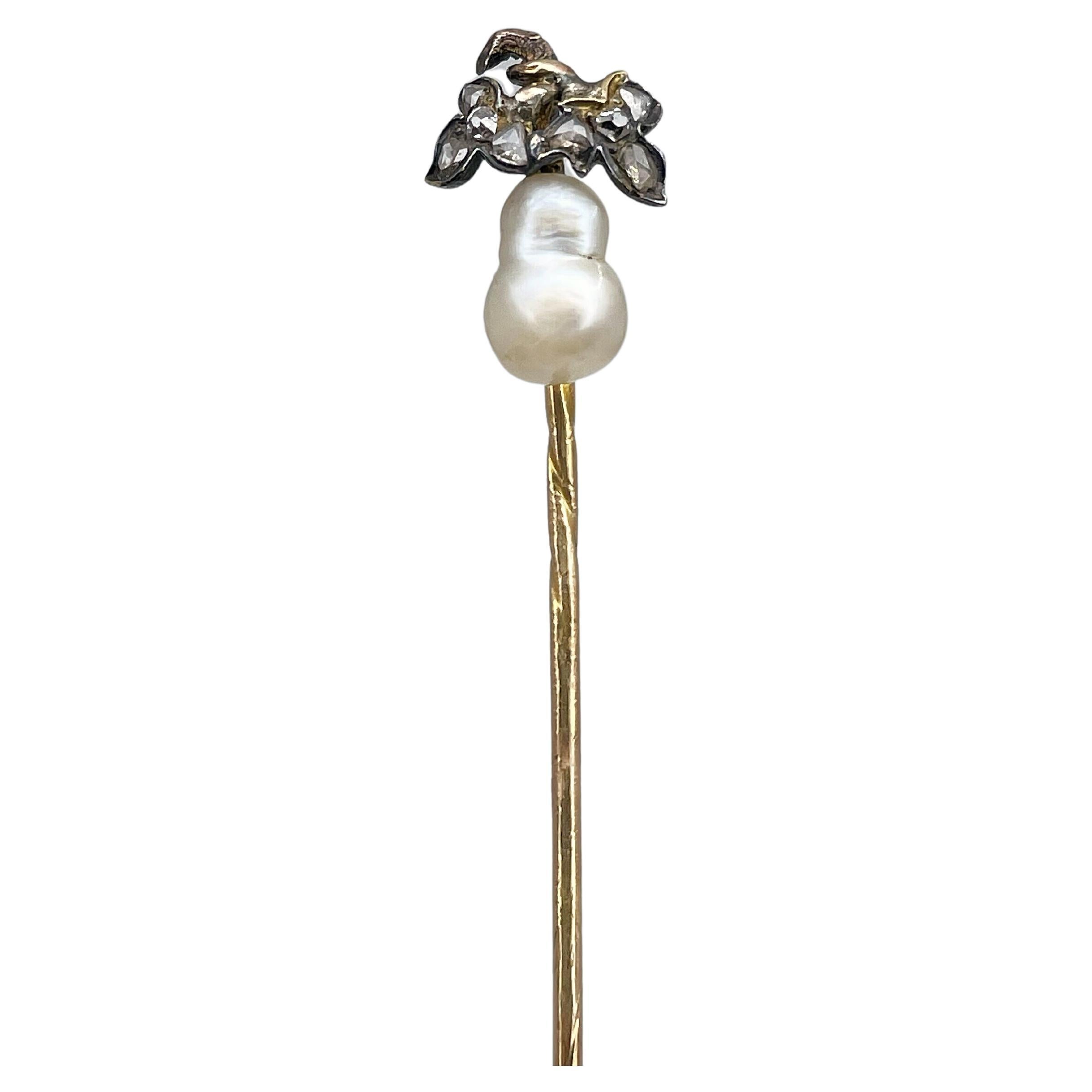 Victorian 18 Karat Yellow Gold Rose Cut Diamond Pearl Pear Stick Pin Brooch