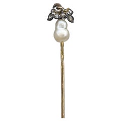 Vintage Victorian 18 Karat Yellow Gold Rose Cut Diamond Pearl Pear Stick Pin Brooch