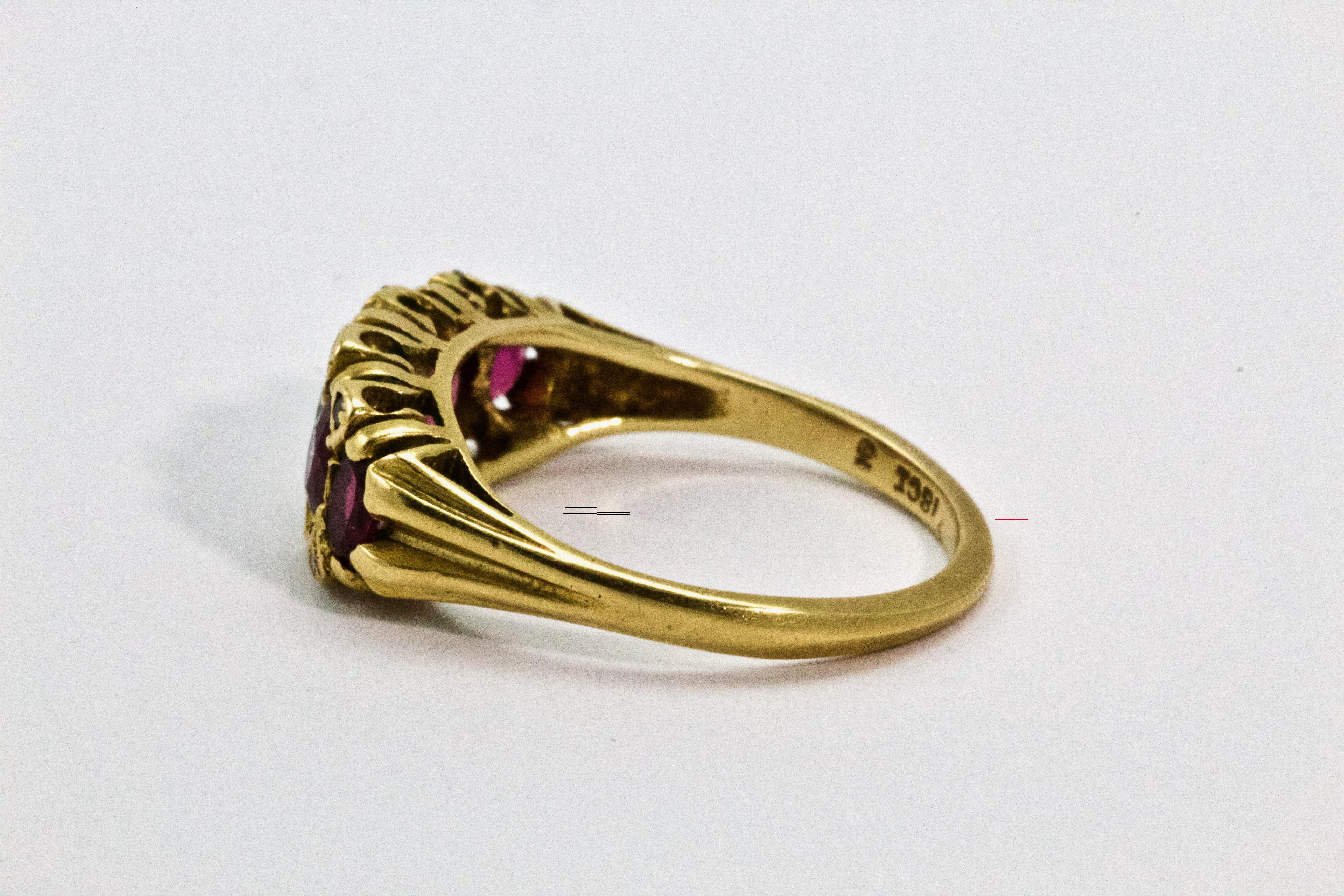 Victorian 18 Karat Yellow Gold Ruby and Diamond Five-Stone Half Hoop Ring In Excellent Condition For Sale In Chipping Campden, GB