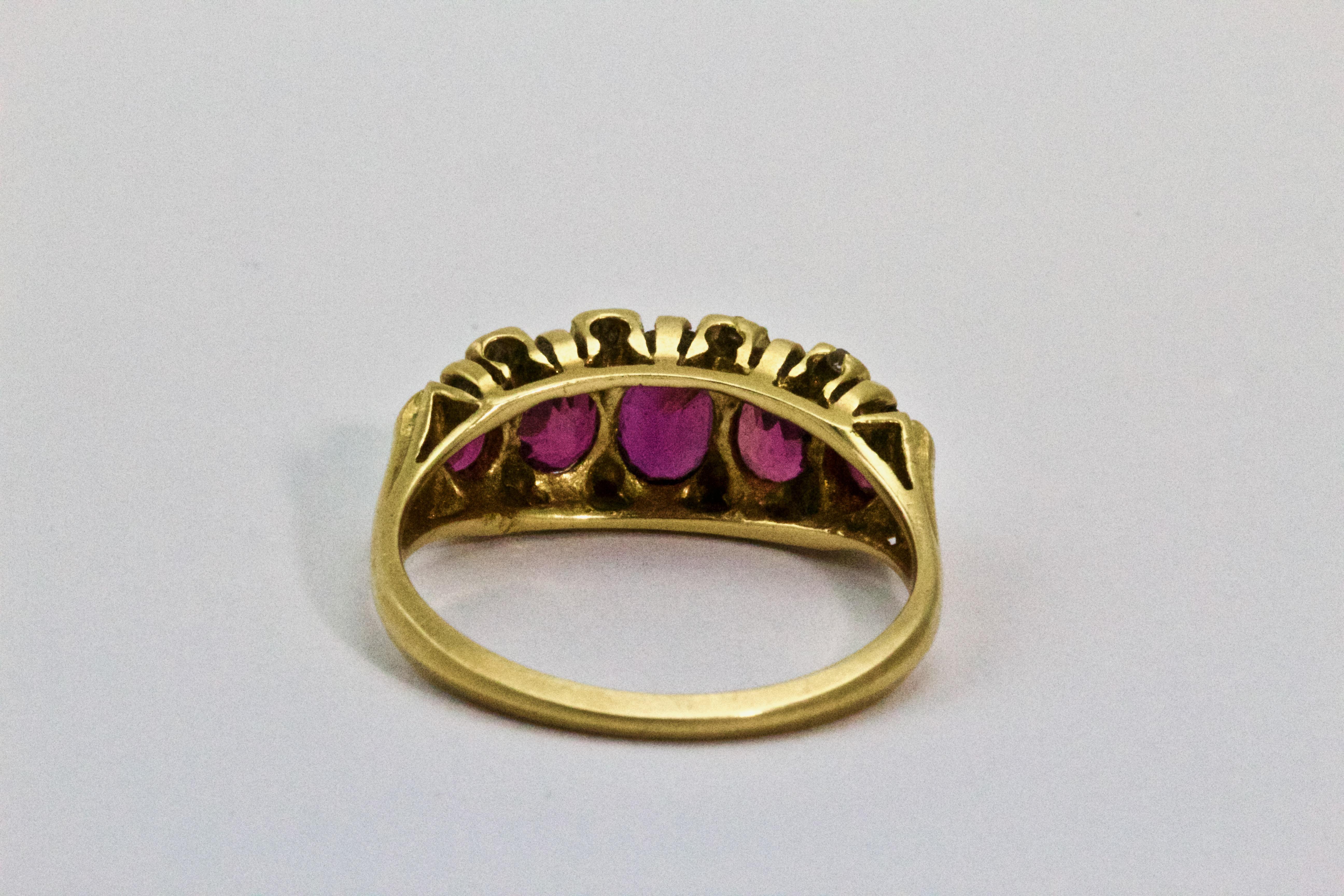 Women's or Men's Victorian 18 Karat Yellow Gold Ruby and Diamond Five-Stone Half Hoop Ring For Sale