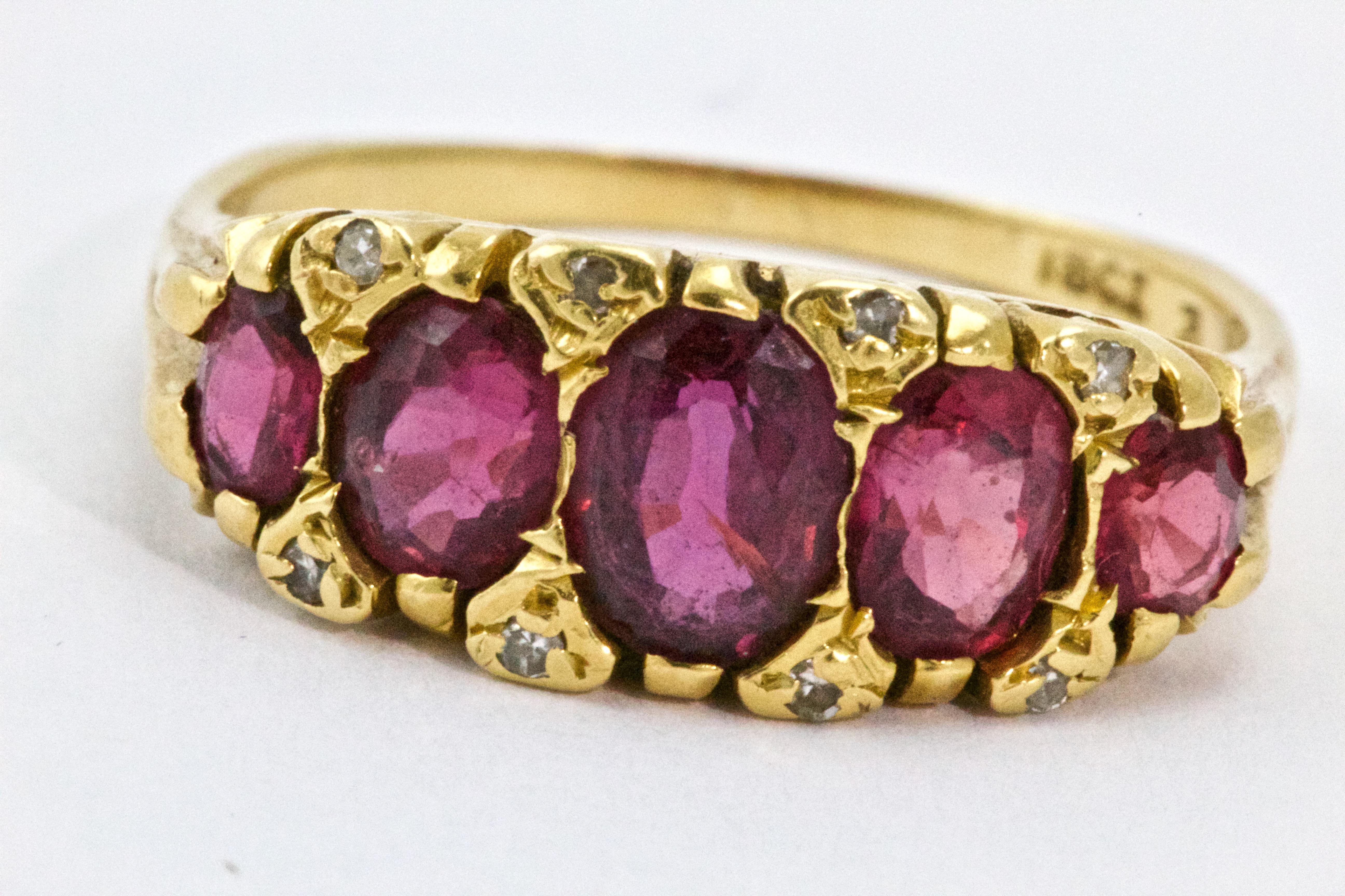 Victorian 18 Karat Yellow Gold Ruby and Diamond Five-Stone Half Hoop Ring For Sale 2