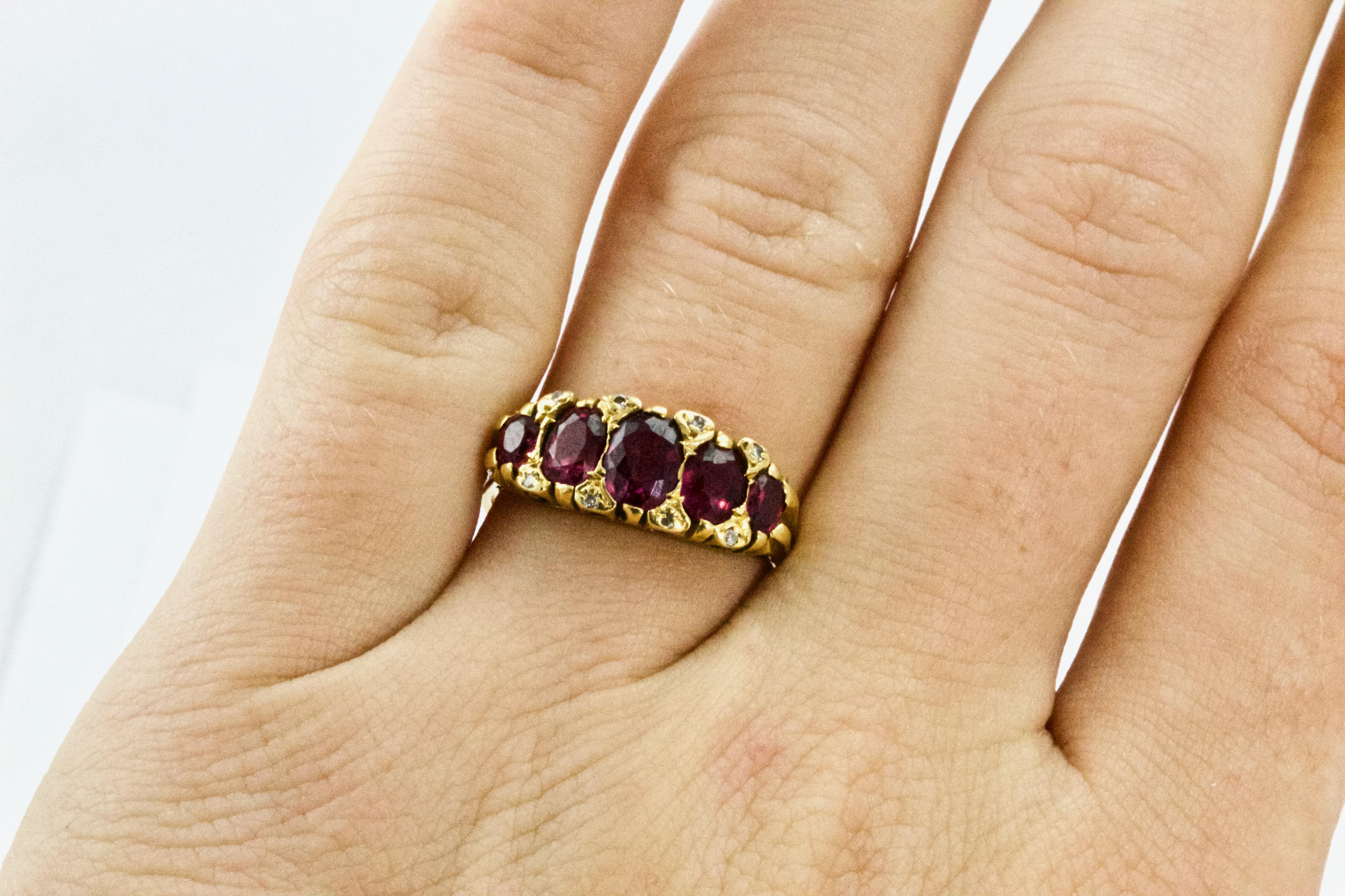 Victorian 18 Karat Yellow Gold Ruby and Diamond Five-Stone Half Hoop Ring For Sale 3