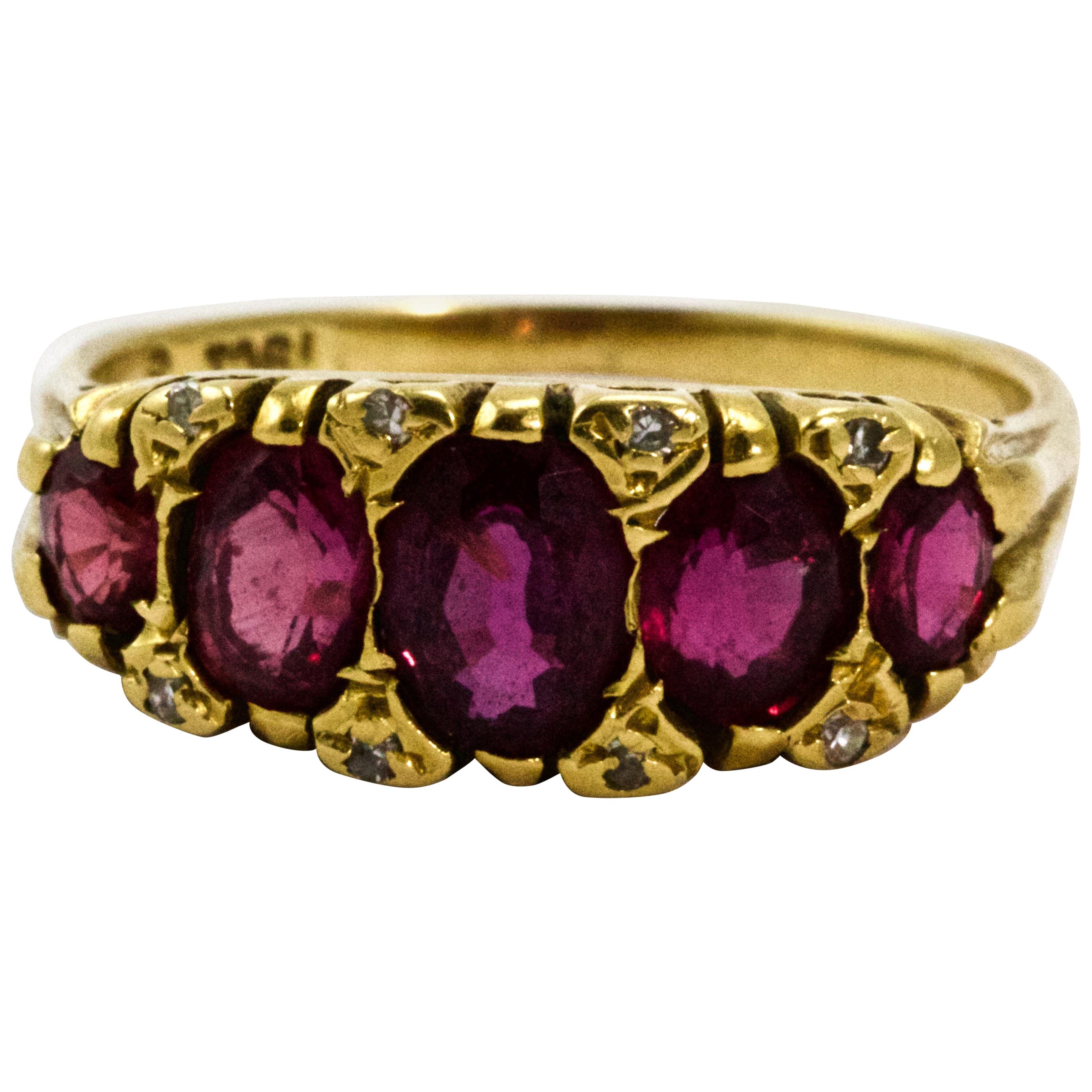 Victorian 18 Karat Yellow Gold Ruby and Diamond Five-Stone Half Hoop Ring For Sale