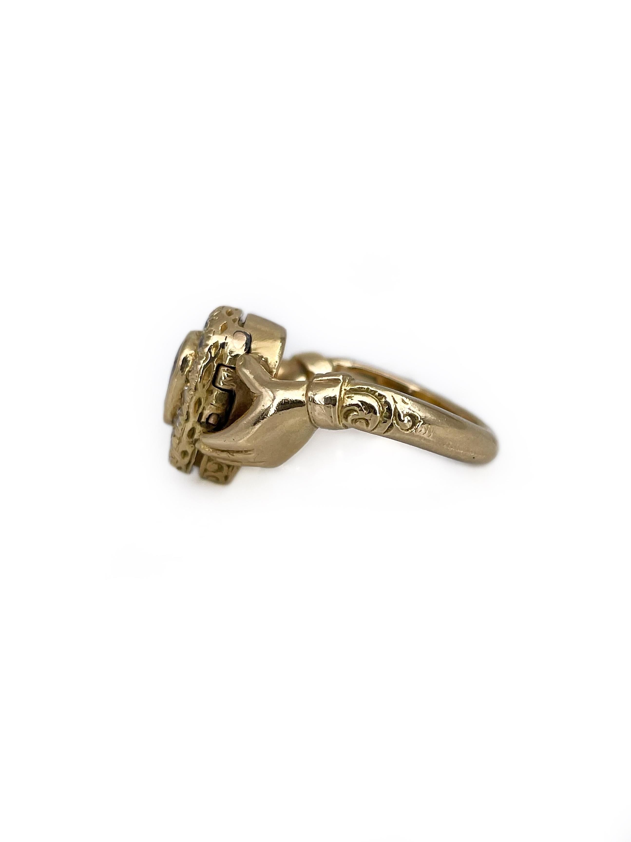 Mixed Cut Victorian 18 Karat Yellow Gold Ruby Diamond Claddagh Locket Ring