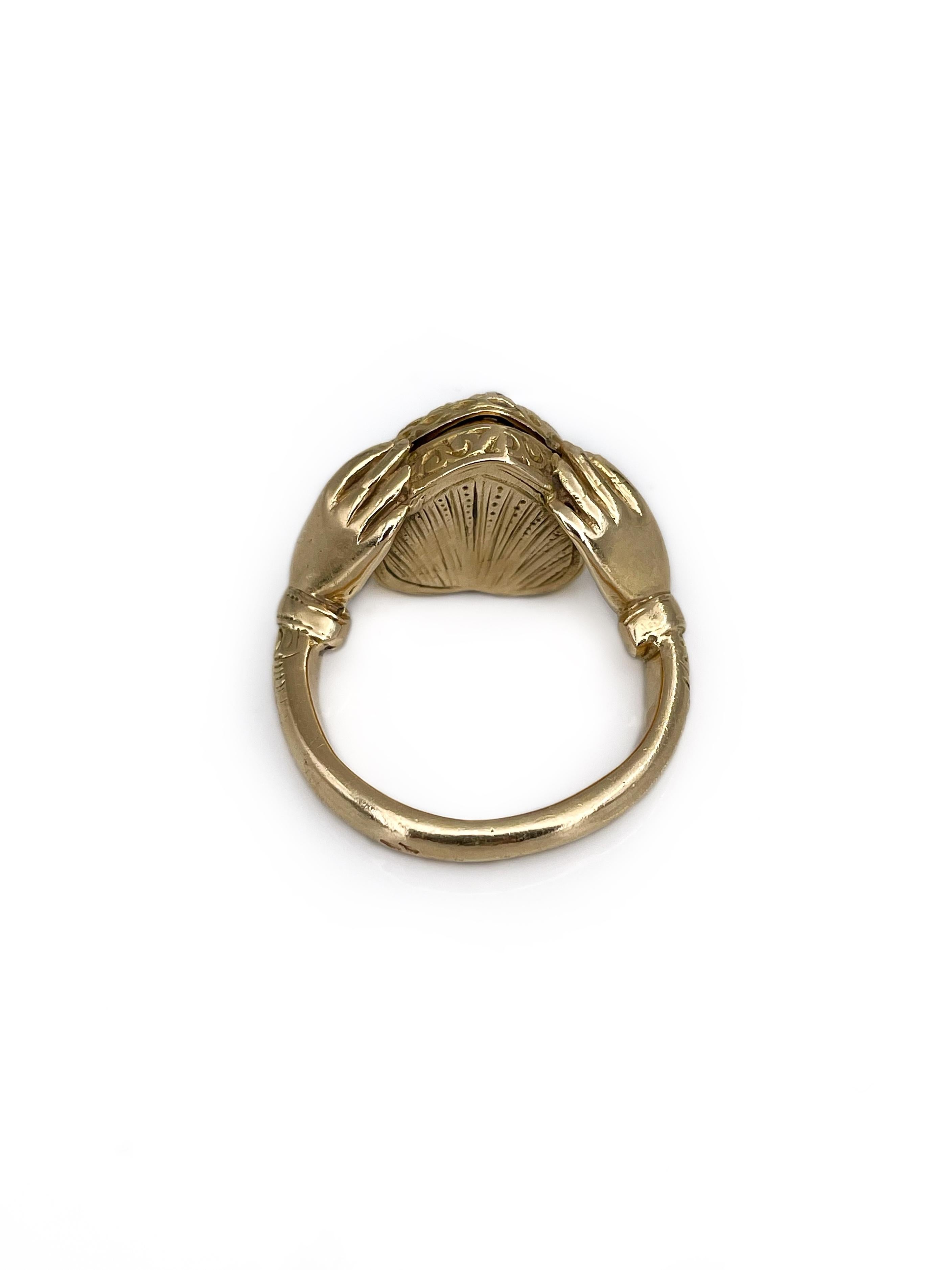 Women's Victorian 18 Karat Yellow Gold Ruby Diamond Claddagh Locket Ring