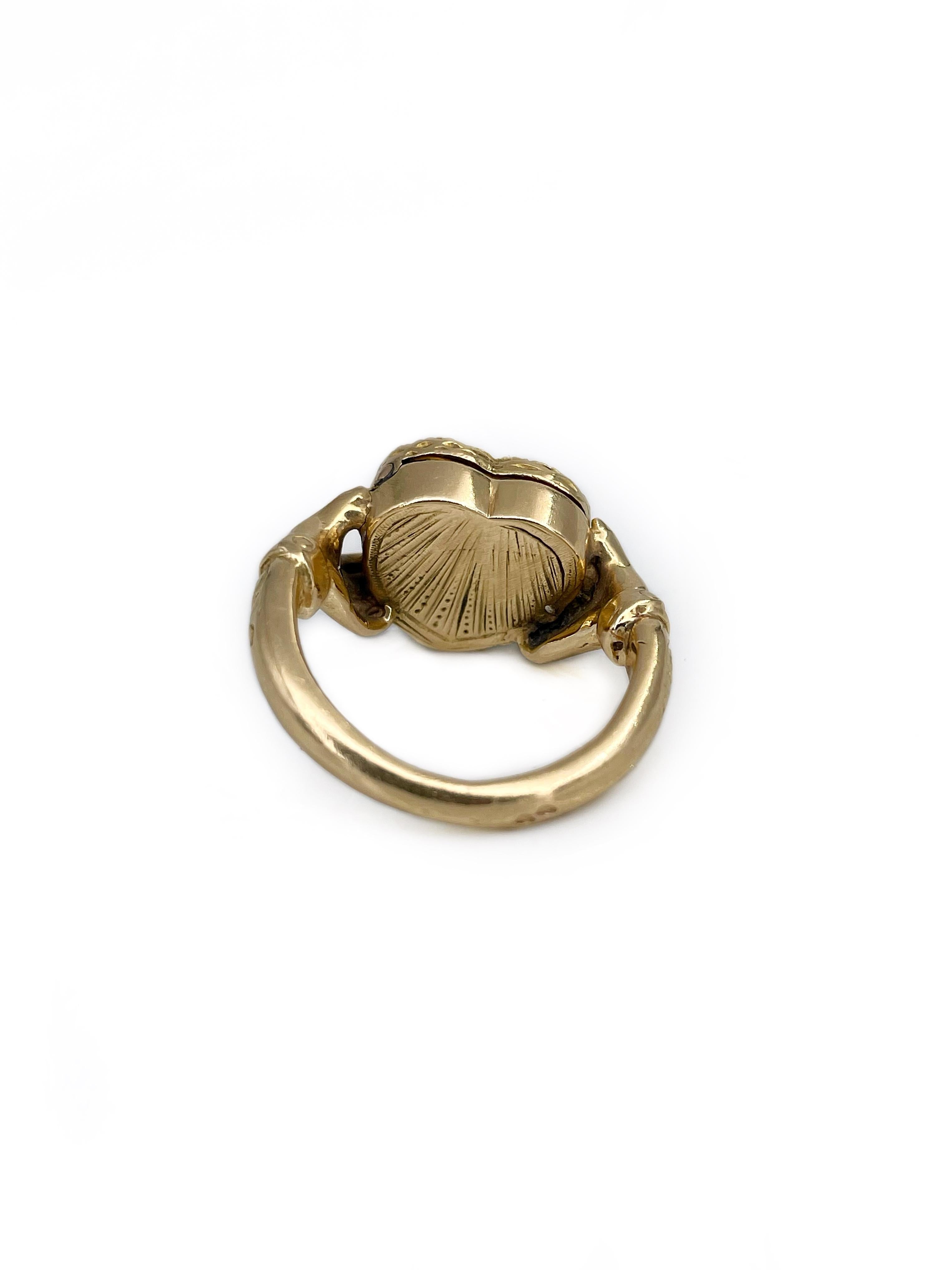 Victorian 18 Karat Yellow Gold Ruby Diamond Claddagh Locket Ring 1
