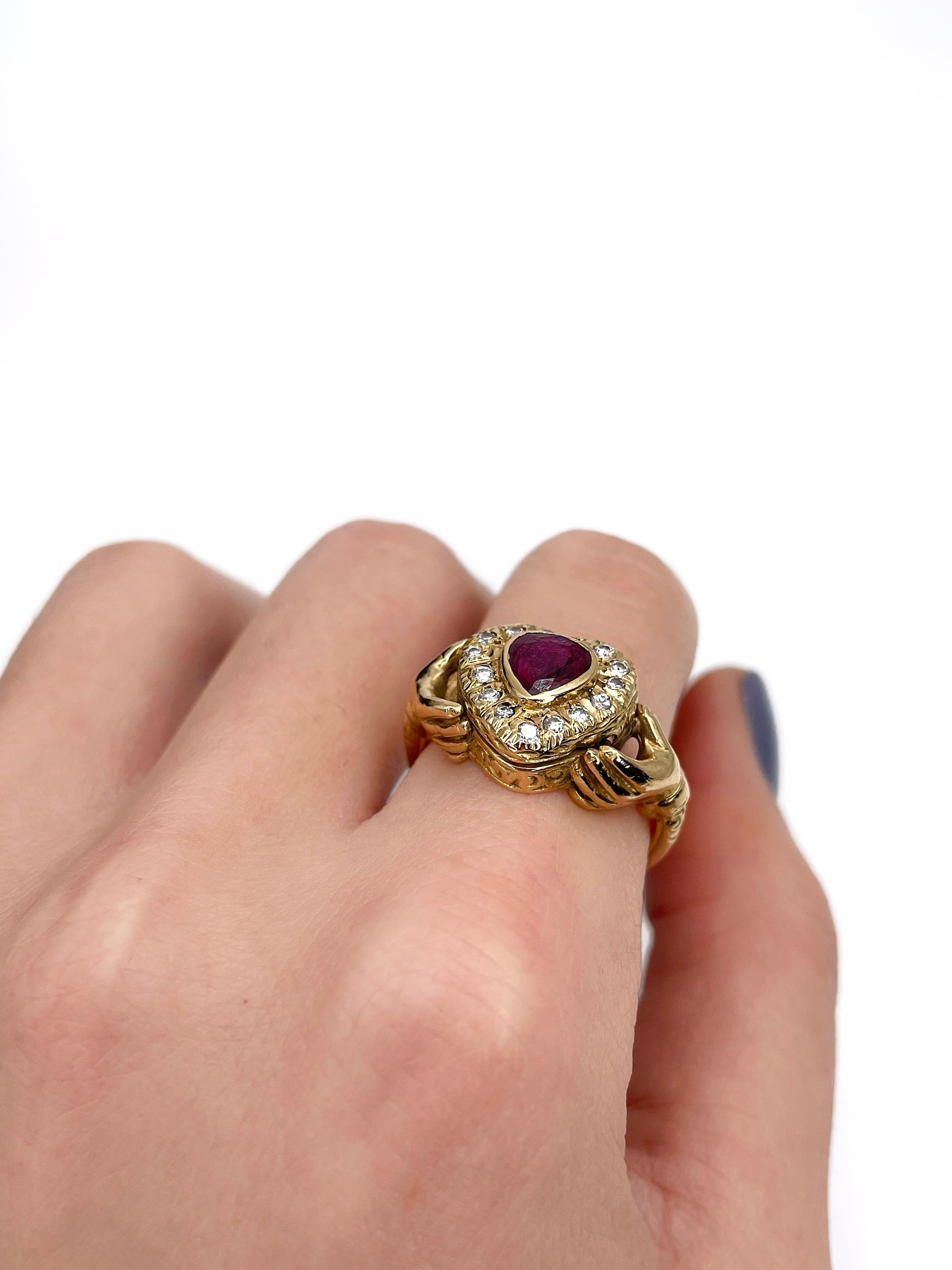 Victorian 18 Karat Yellow Gold Ruby Diamond Claddagh Locket Ring 3