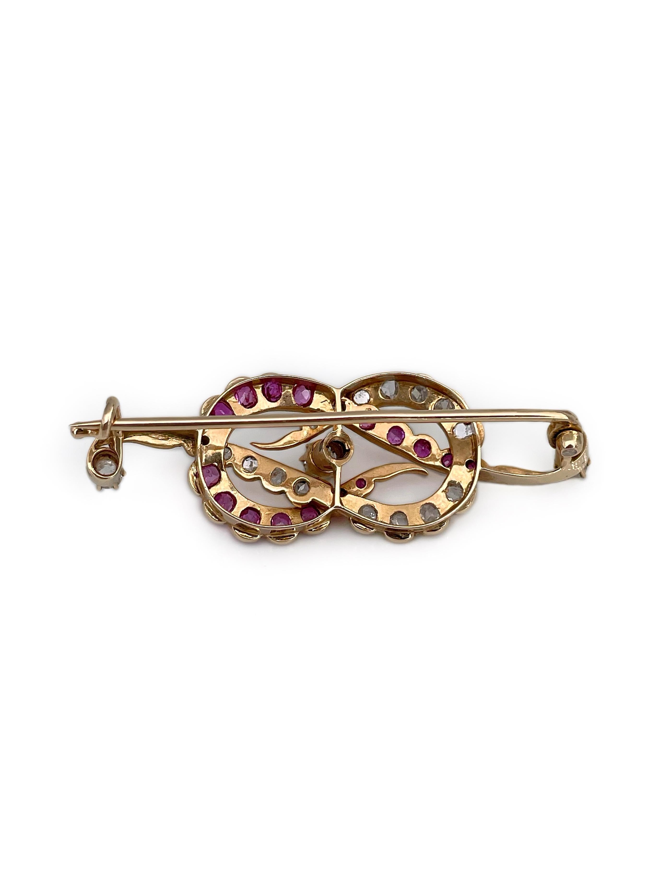 Mixed Cut Victorian 14 Karat Gold 0.80 Carat Ruby 0.55 Carat Diamond Knot Pin Brooch For Sale