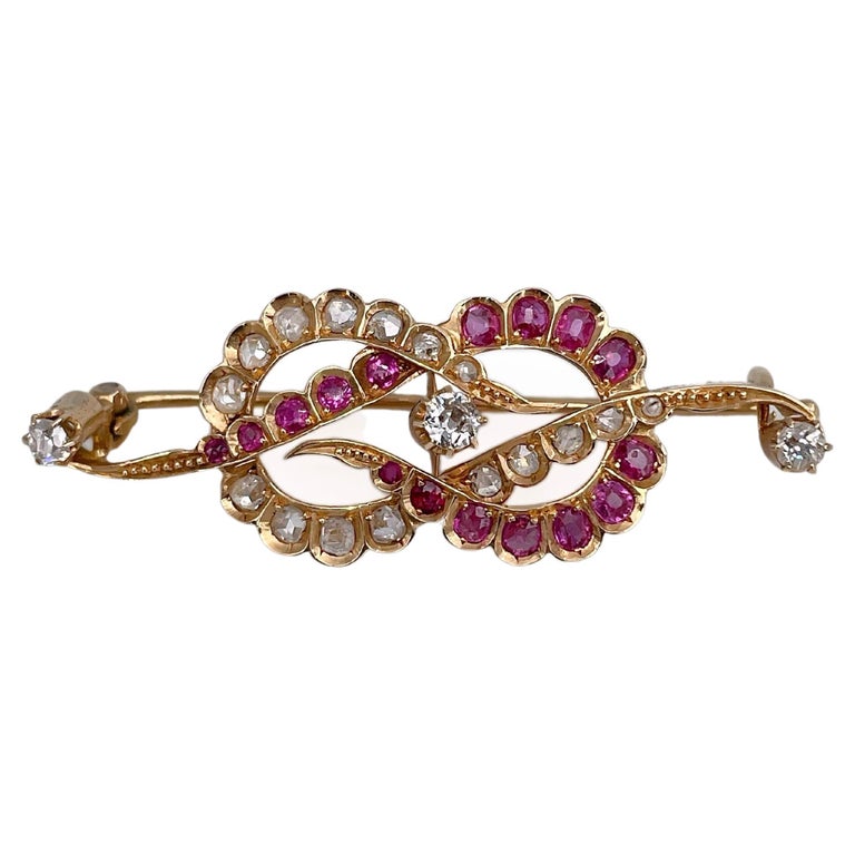 Victorian 18 Karat Yellow Gold Ruby Old Cut Diamond Knot Pin Brooch For