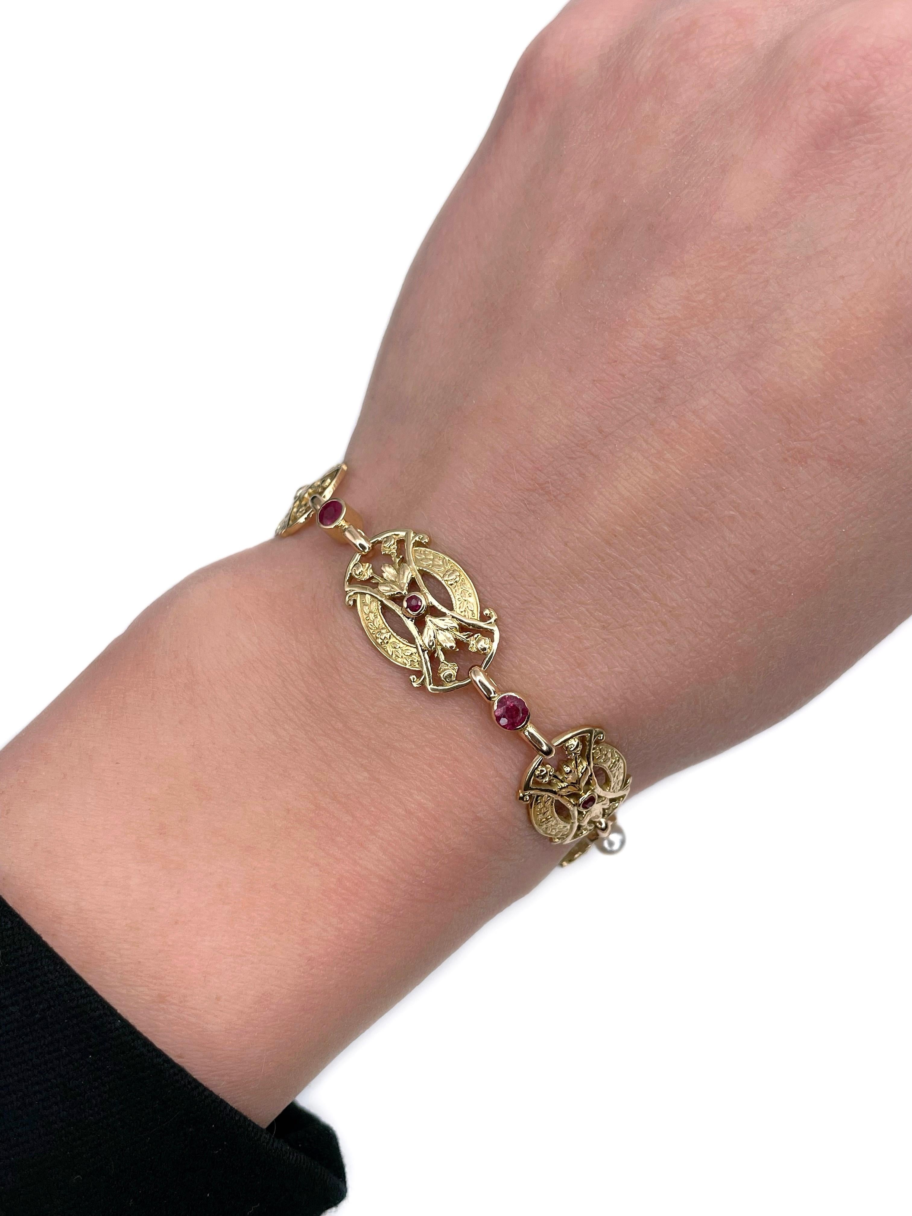 This is a Victorian floral design link bracelet crafted in 18K and 14K yellow gold. Circa 1900. 

It features:
- 7 rubies ( round cut, TW 0.38ct, slpR 5/4, SI-P1)
- 3 spinels ( round cut, TW 0.55ct, R 5/4, P2)
- 2 cultured pearls

Has a safe closure