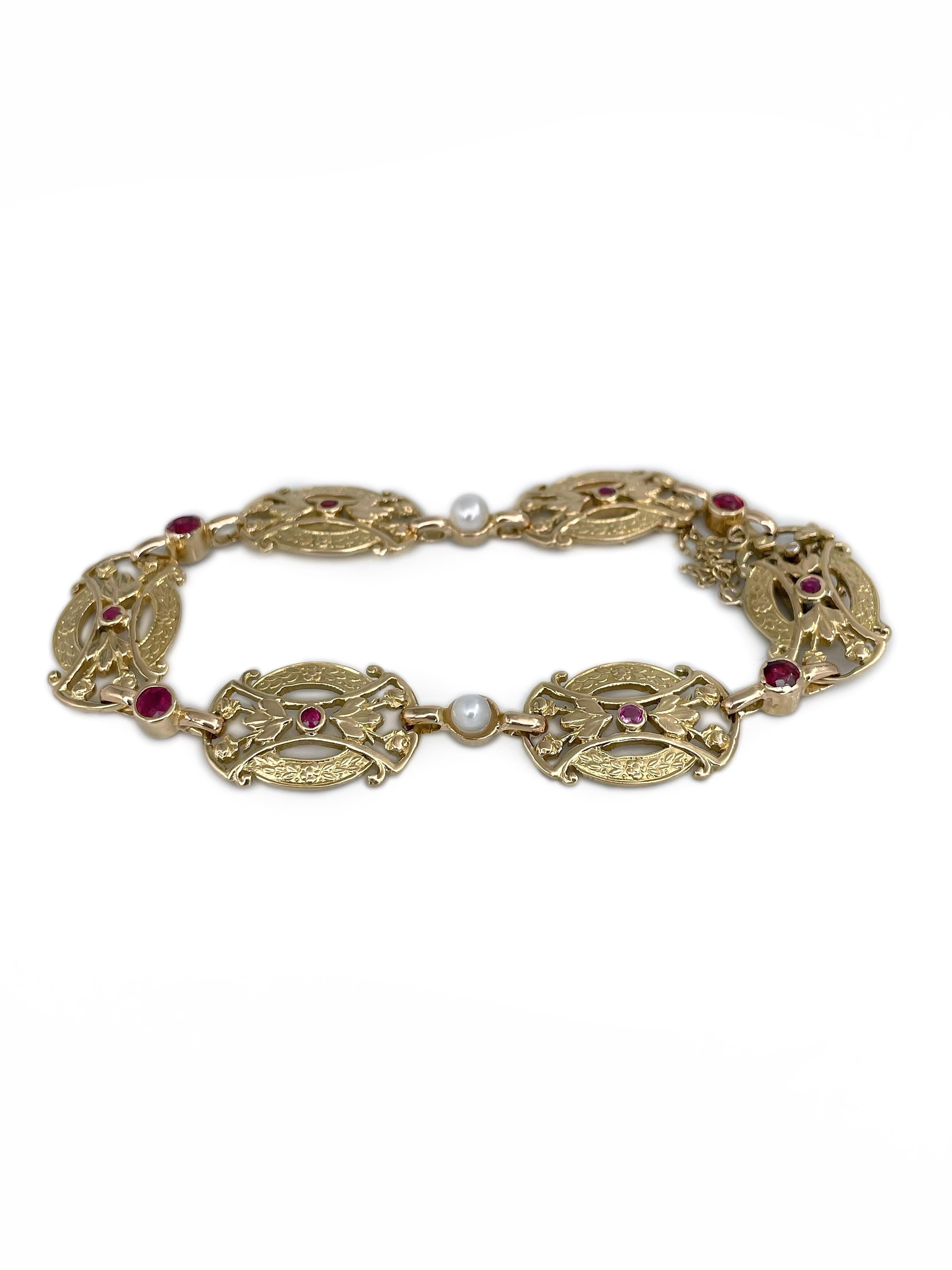Mixed Cut Victorian 18 Karat Gold 0.38 Carat Ruby 0.55 Carat Spinel Pearl Link Bracelet For Sale