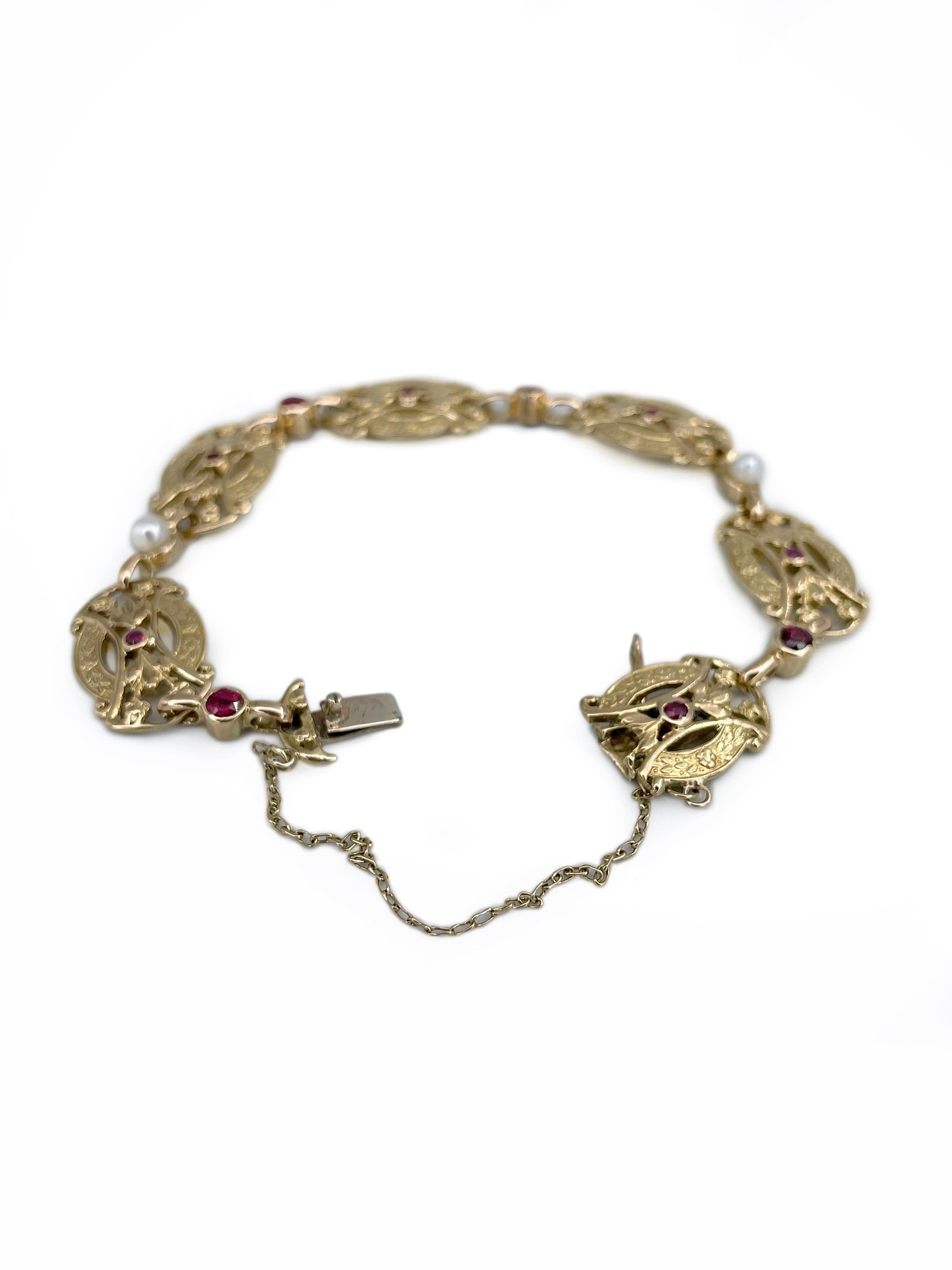 Taille mixte Bracelet à maillons victorien en or 18 carats avec rubis 0,38 carat et perles de spinelle 0,55 carat en vente