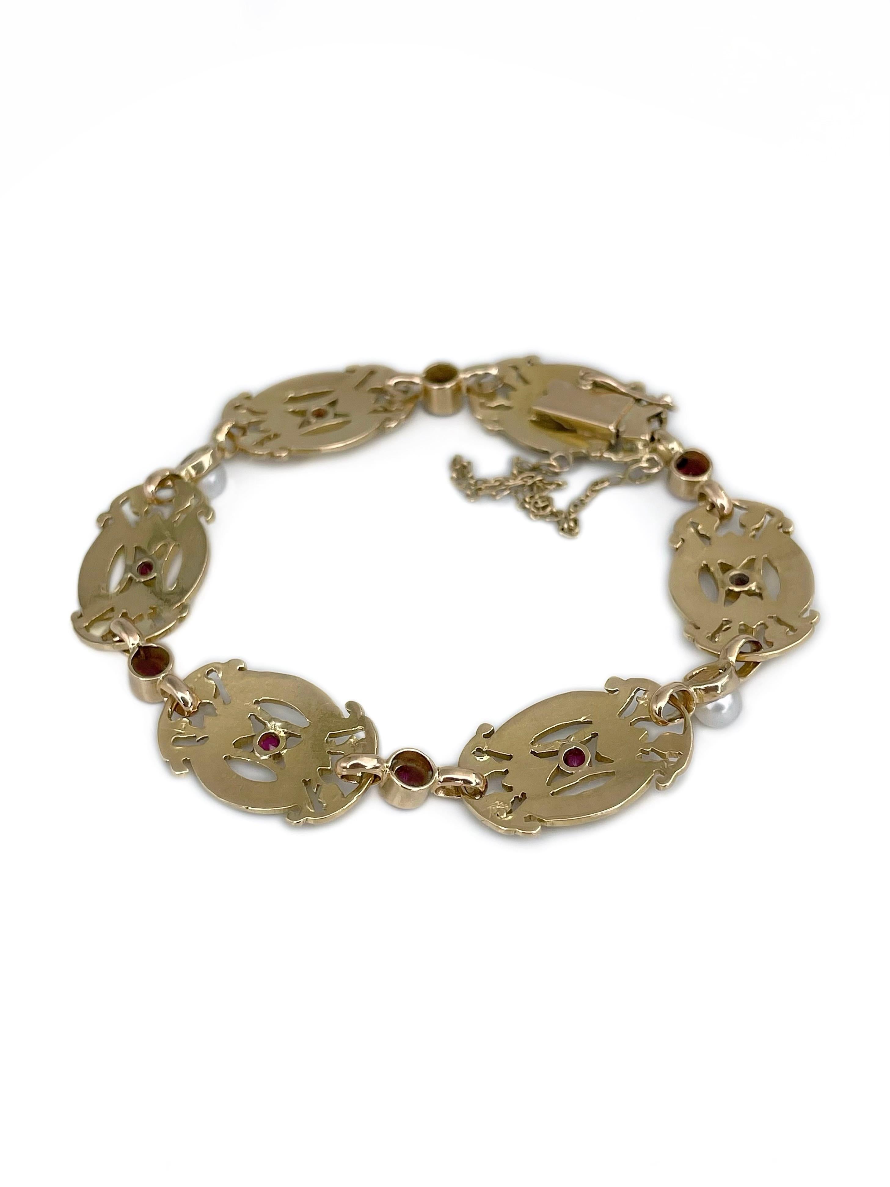 Women's Victorian 18 Karat Gold 0.38 Carat Ruby 0.55 Carat Spinel Pearl Link Bracelet For Sale