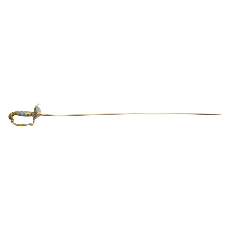 Victorian 18 Karat Yellow Gold Sky Blue Enamel Sword Hat Stick Pin For Sale