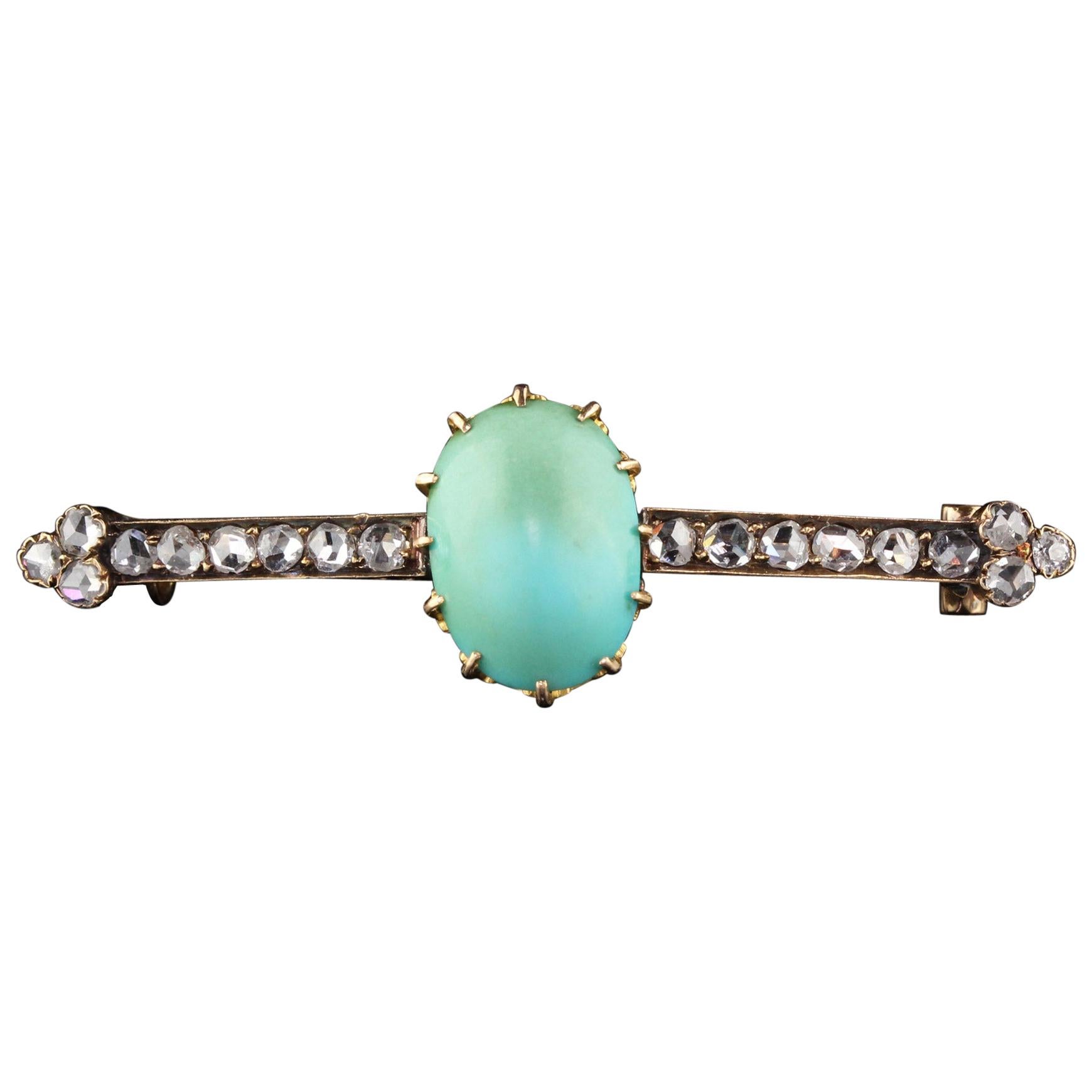 Victorian 18 Karat Yellow Gold Turquoise and Diamond Brooch For Sale