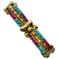 Victorian 18 Karat Yellow Gold Turquoise and Ruby Engraved 6 Section Bracelet