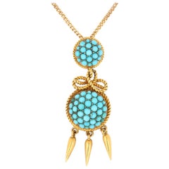 Victorian 18 Karat Yellow Gold Turquoise Boule and Rope Pendant, circa 1860