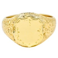 Antique Victorian 18 Karat Yellow Gold Unisex Floral Shield Unisex Signet Ring