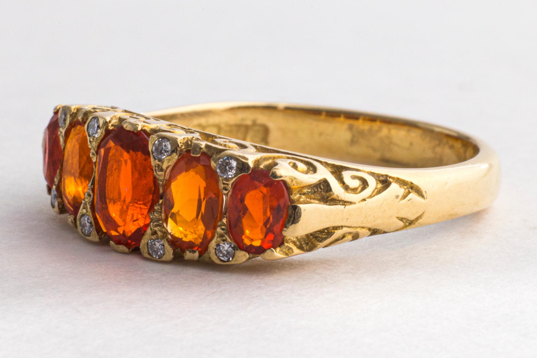 Victorian 18 Kt Fire Opal Diamond Ring In Excellent Condition In Stamford, CT