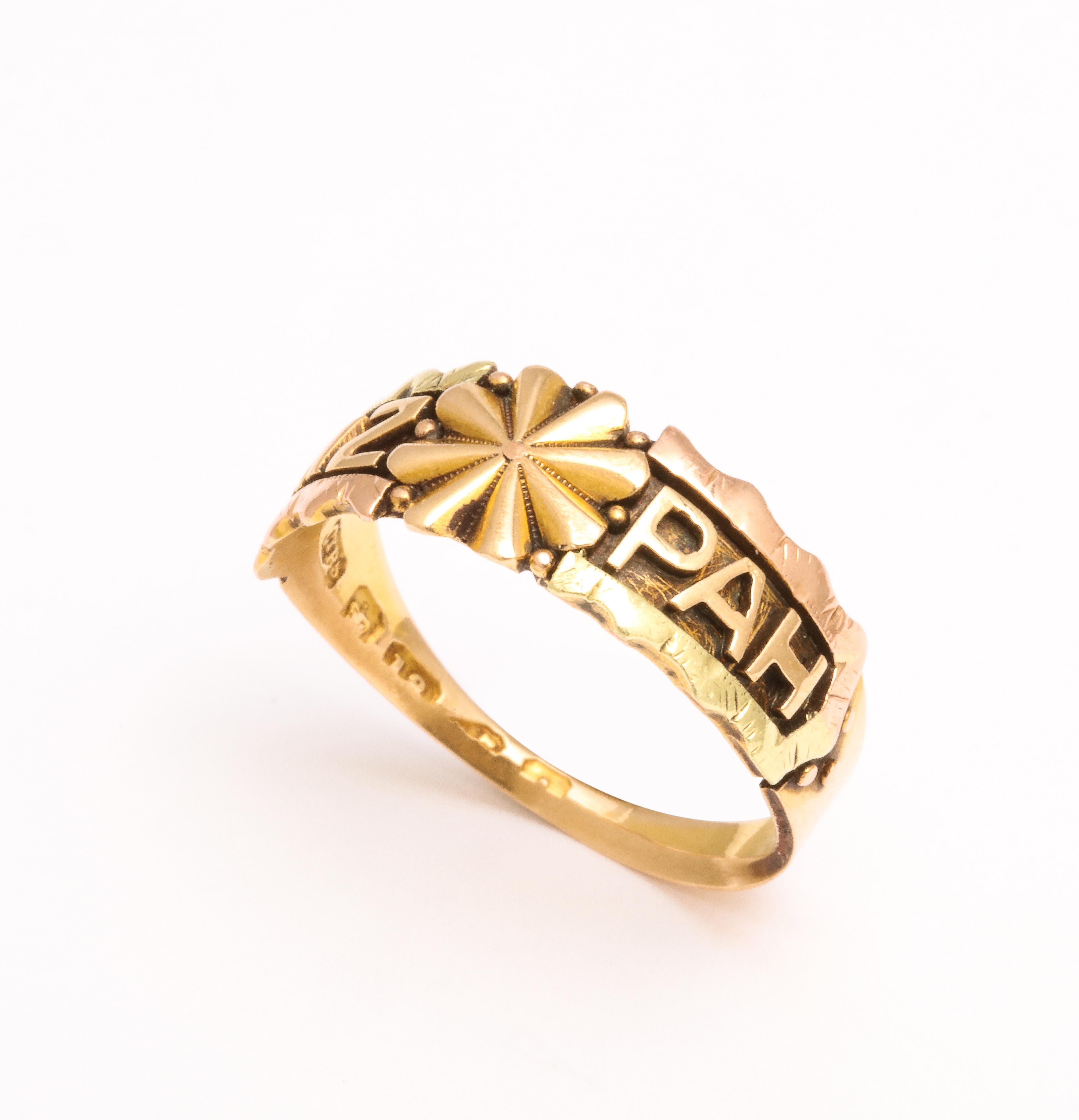 Women's or Men's Victorian 18 Karat Gold and Enamel Mizpah Ring For Sale