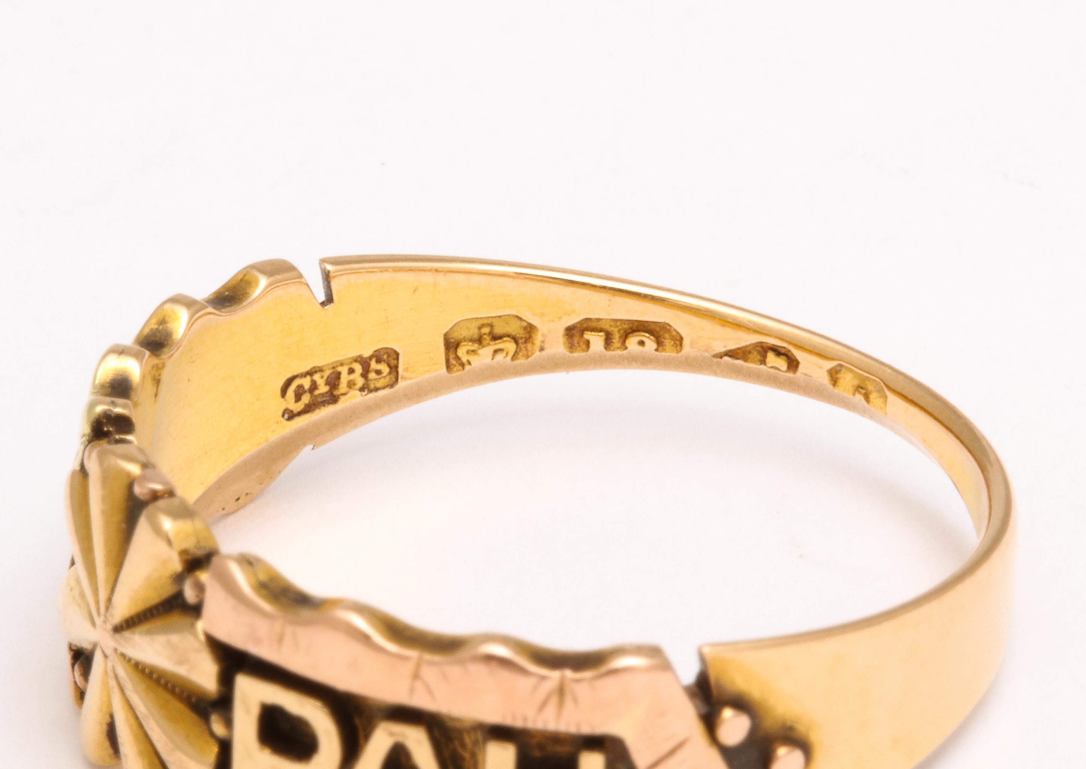 Victorian 18 Karat Gold and Enamel Mizpah Ring For Sale 2