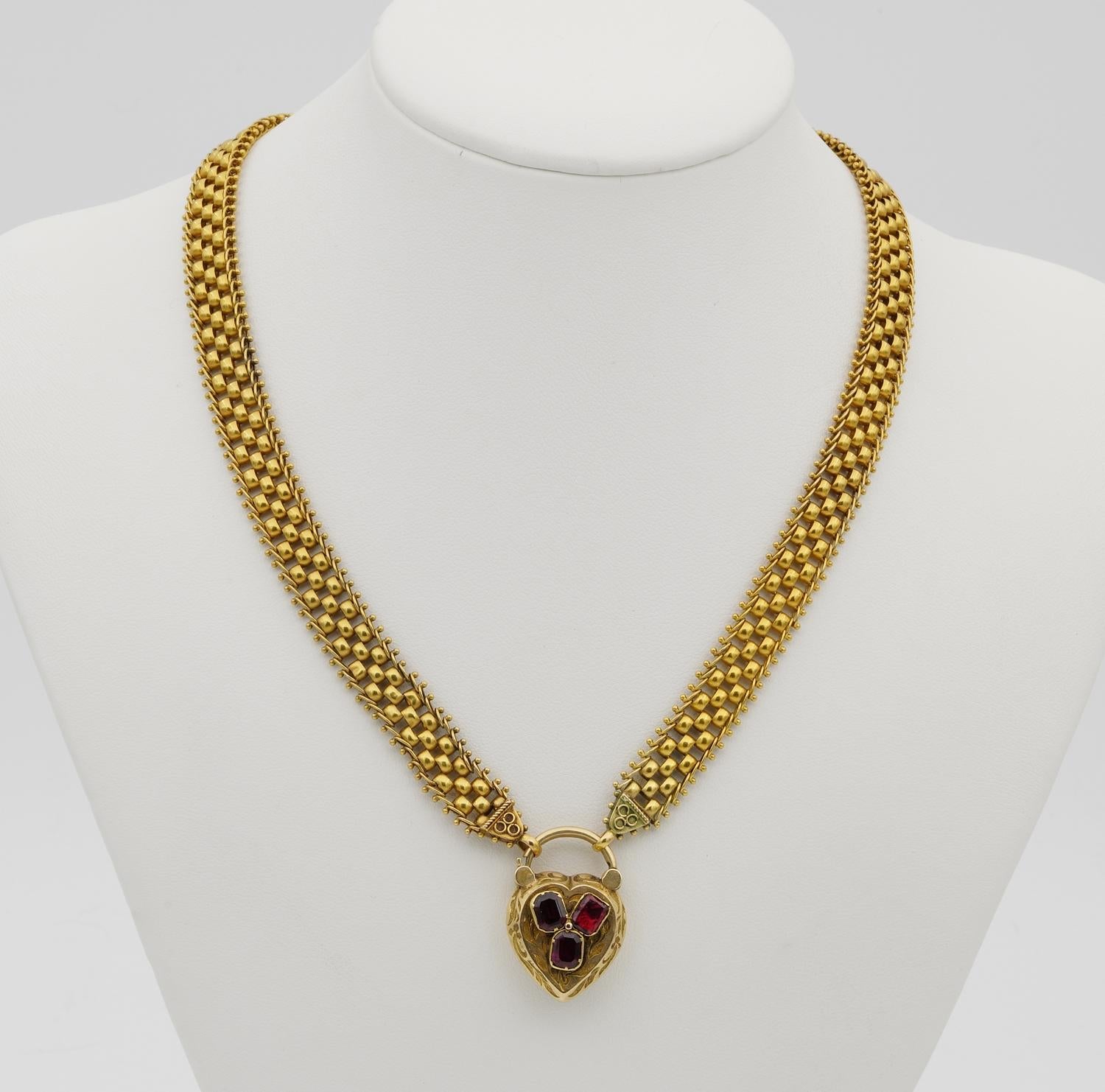 Octagon Cut Victorian 18 Kt gold Garnet Padlock 18 KT Necklace For Sale