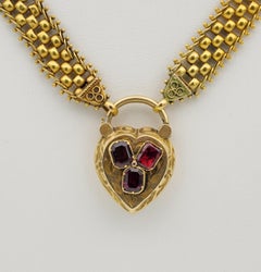 Victorian 18K Yellow Gold Garnet Heart Locket Necklace, Circa 1870/80