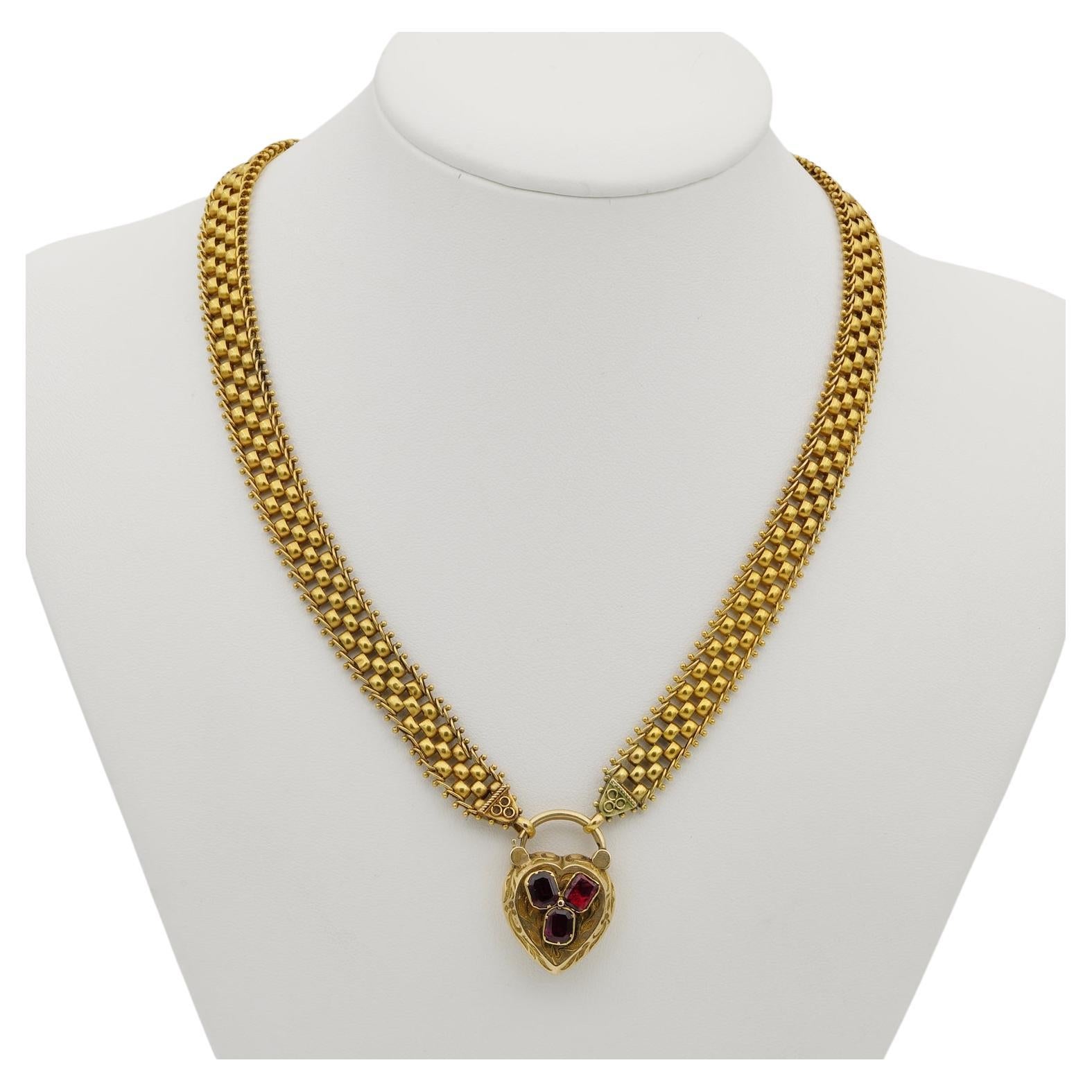 Victorian 18 Kt gold Garnet Padlock 18 KT Necklace For Sale