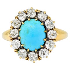 Victorian 1.80 Carat Diamond Turquoise Cabochon 18 Karat Gold Cluster Ring Victorian 1.80 Carat Diamond Turquoise Cabochon 18 Karat Gold Cluster Ring
