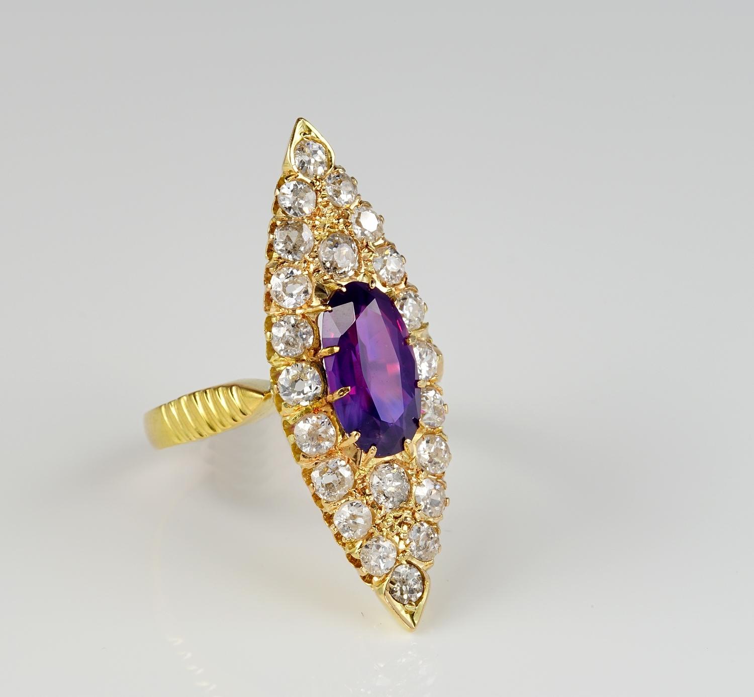 Oval Cut Victorian 1.80 Ct Certified Purple Ceylon Sapphire 2.0 Ct Diamond Navette ring For Sale
