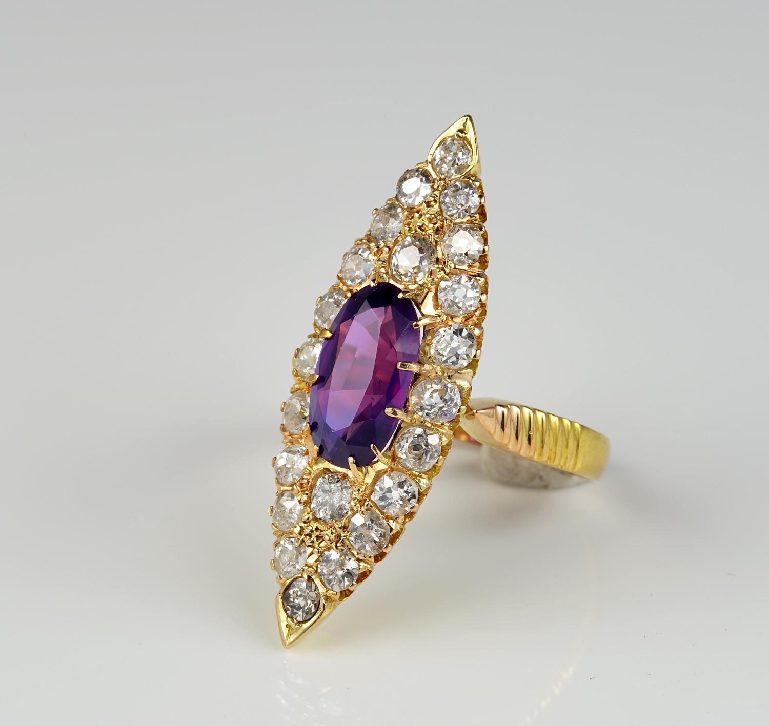 Women's Victorian 1.80 Ct Certified Purple Ceylon Sapphire 2.0 Ct Diamond Navette ring For Sale