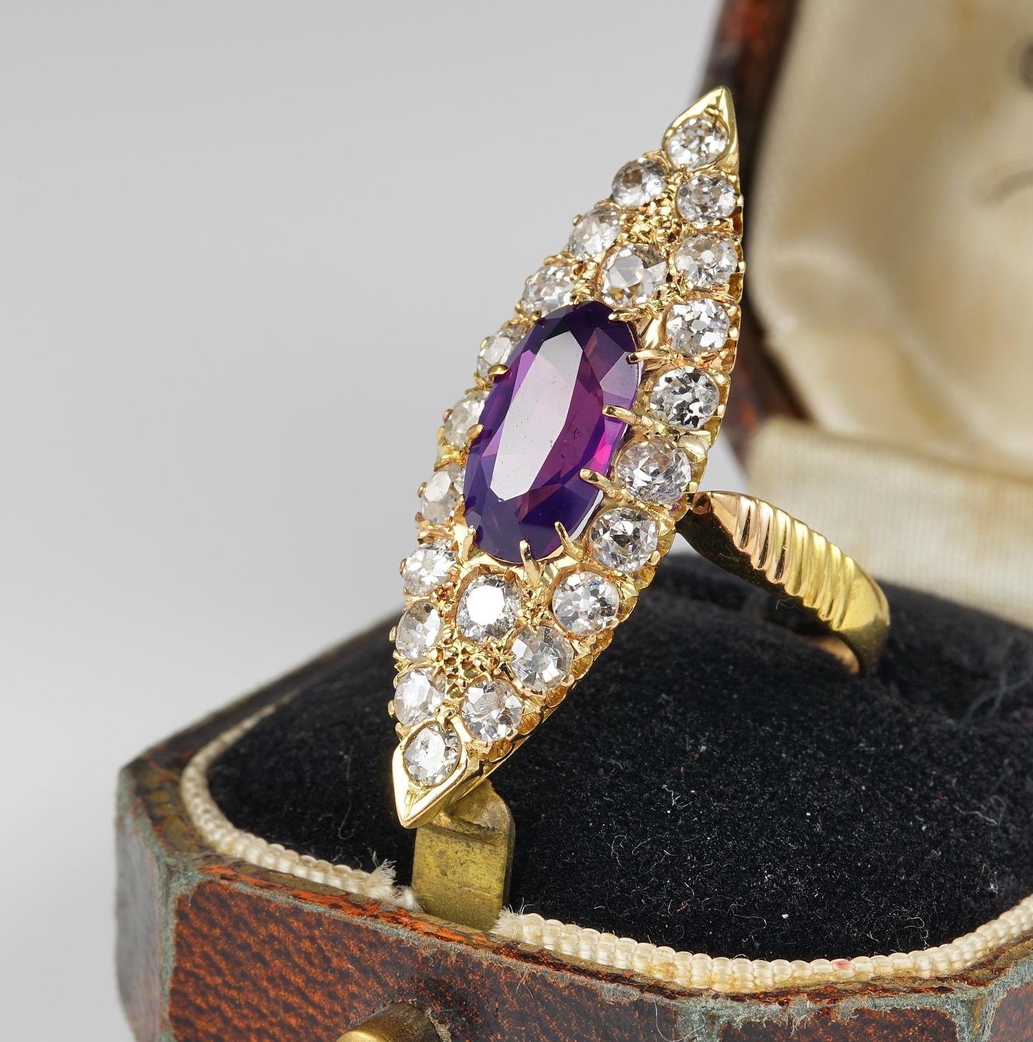 Victorian 1.80 Ct Certified Purple Ceylon Sapphire 2.0 Ct Diamond Navette ring For Sale 1
