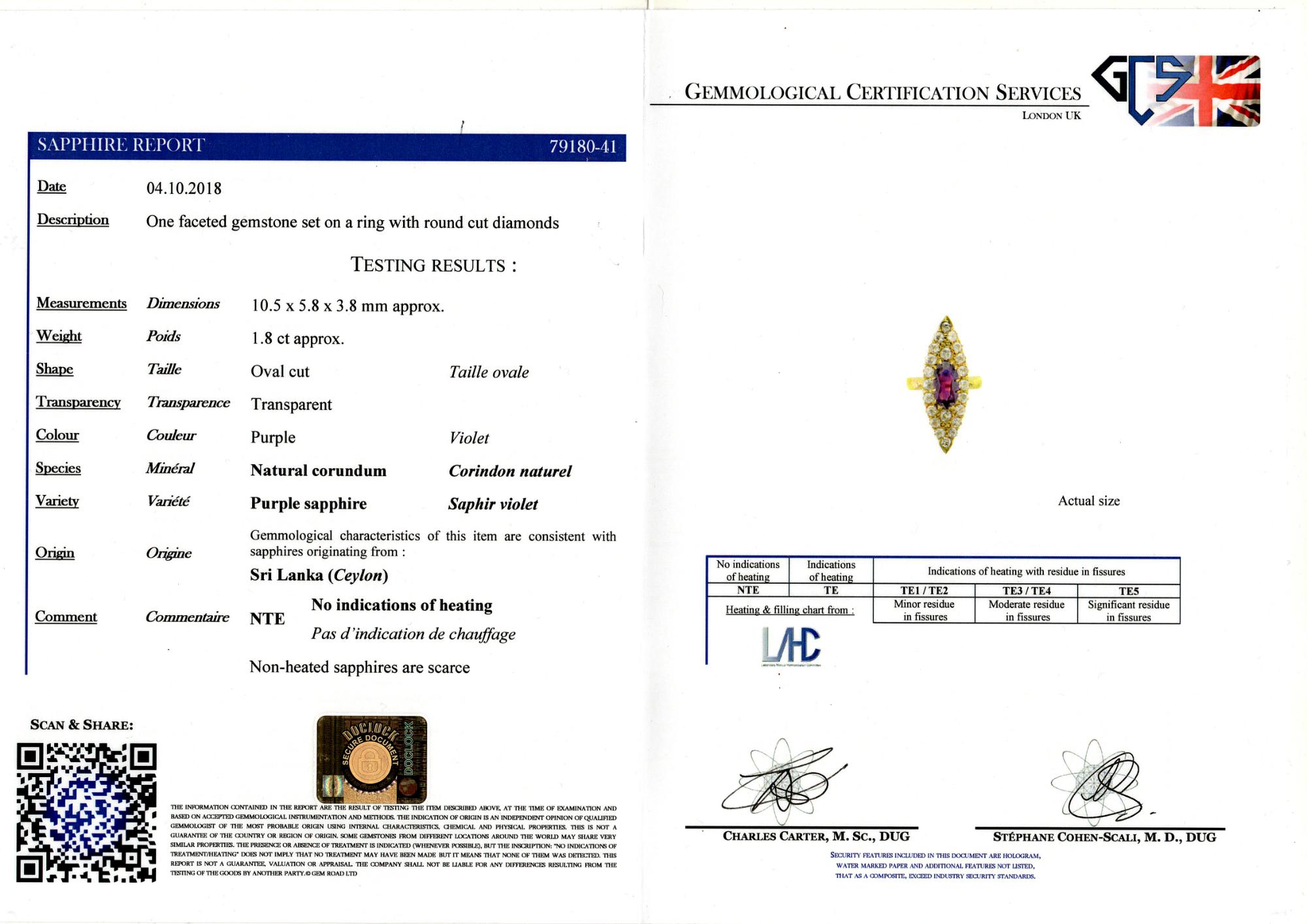 Victorian 1.80 Ct Certified Purple Ceylon Sapphire 2.0 Ct Diamond Navette ring For Sale 4