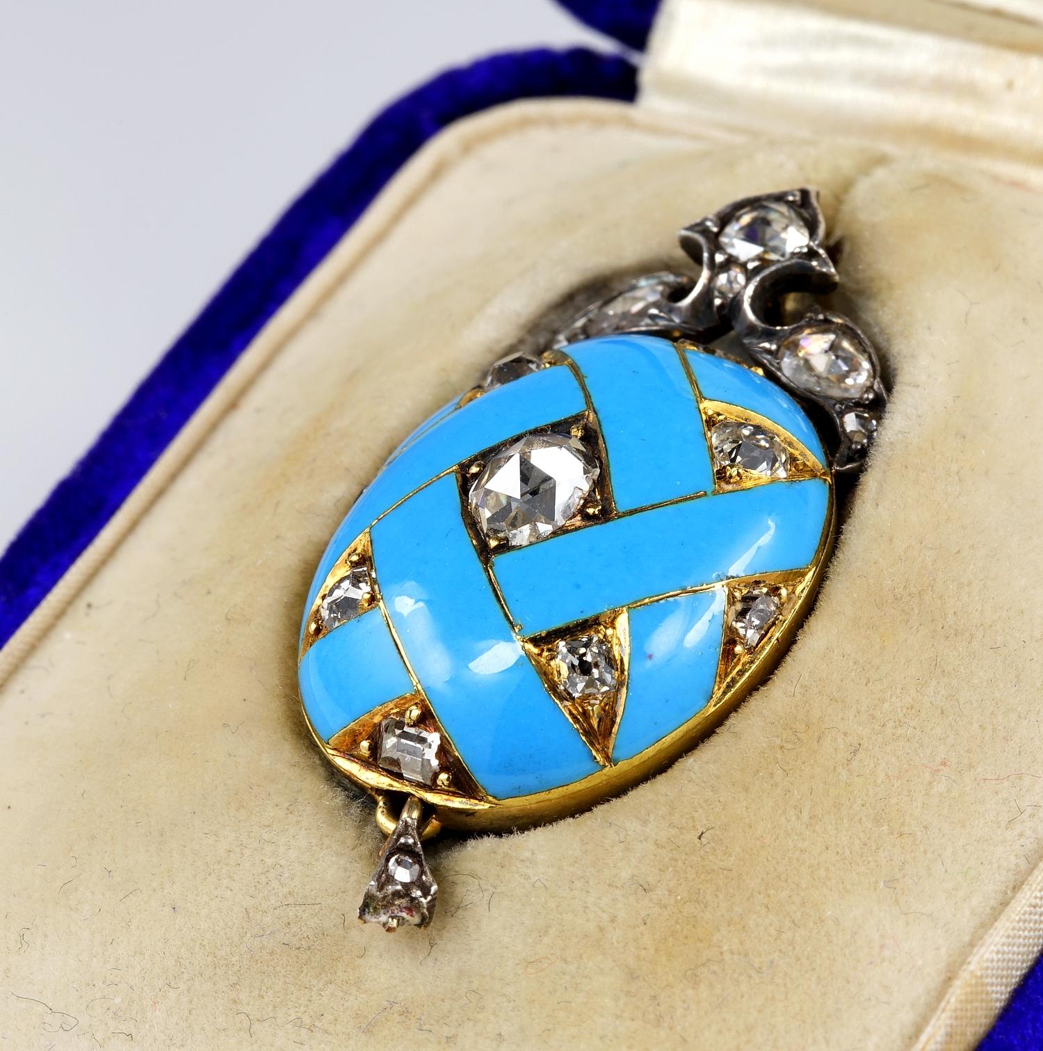 Victorian 1.80 Ct. Diamond Enamel Locket Pendant For Sale 1