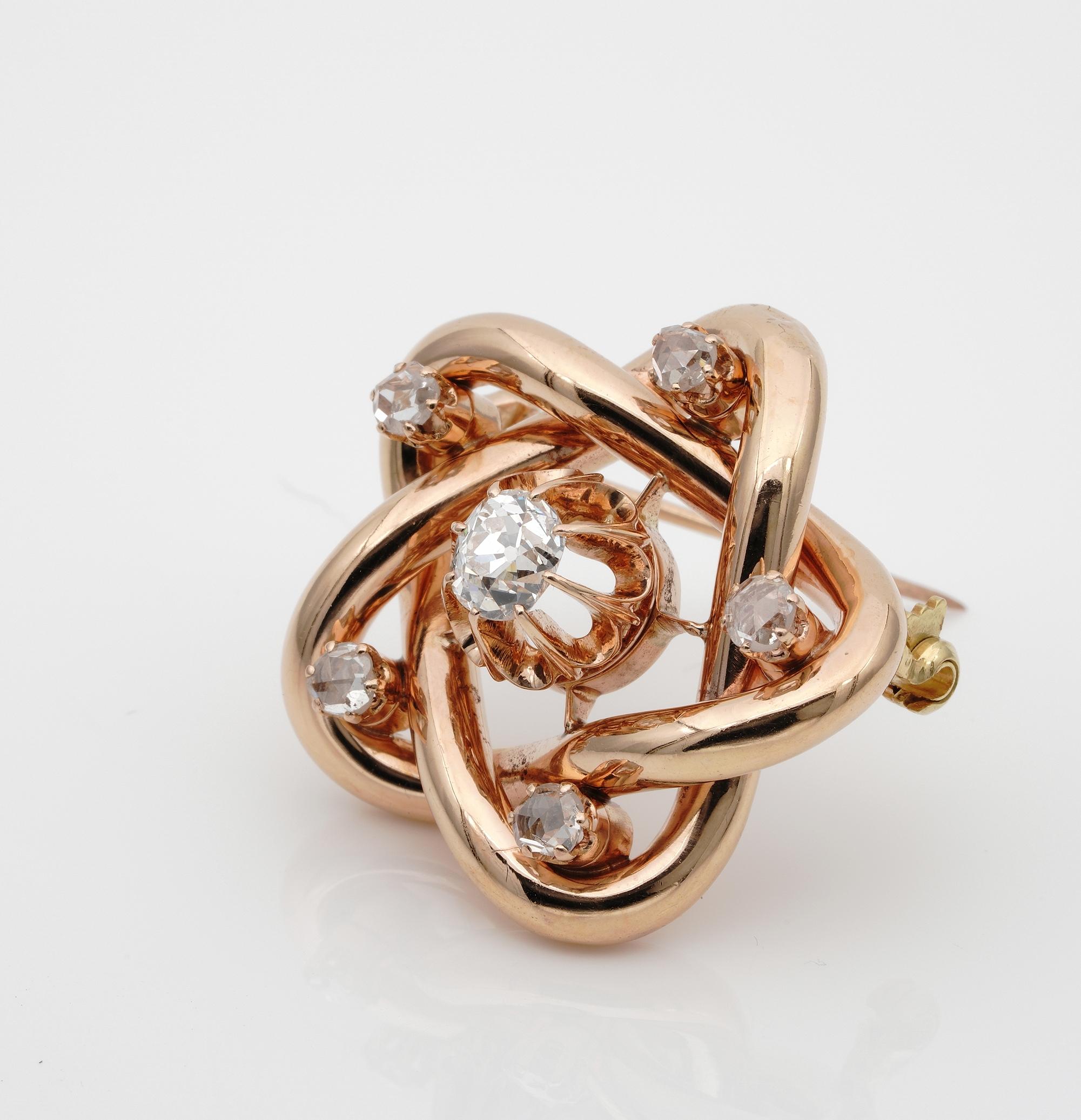 viktorianische 1,80 Karat Diamant Love Knot Brosche mit Anhänger 18 KT Gold im Zustand „Gut“ im Angebot in Napoli, IT