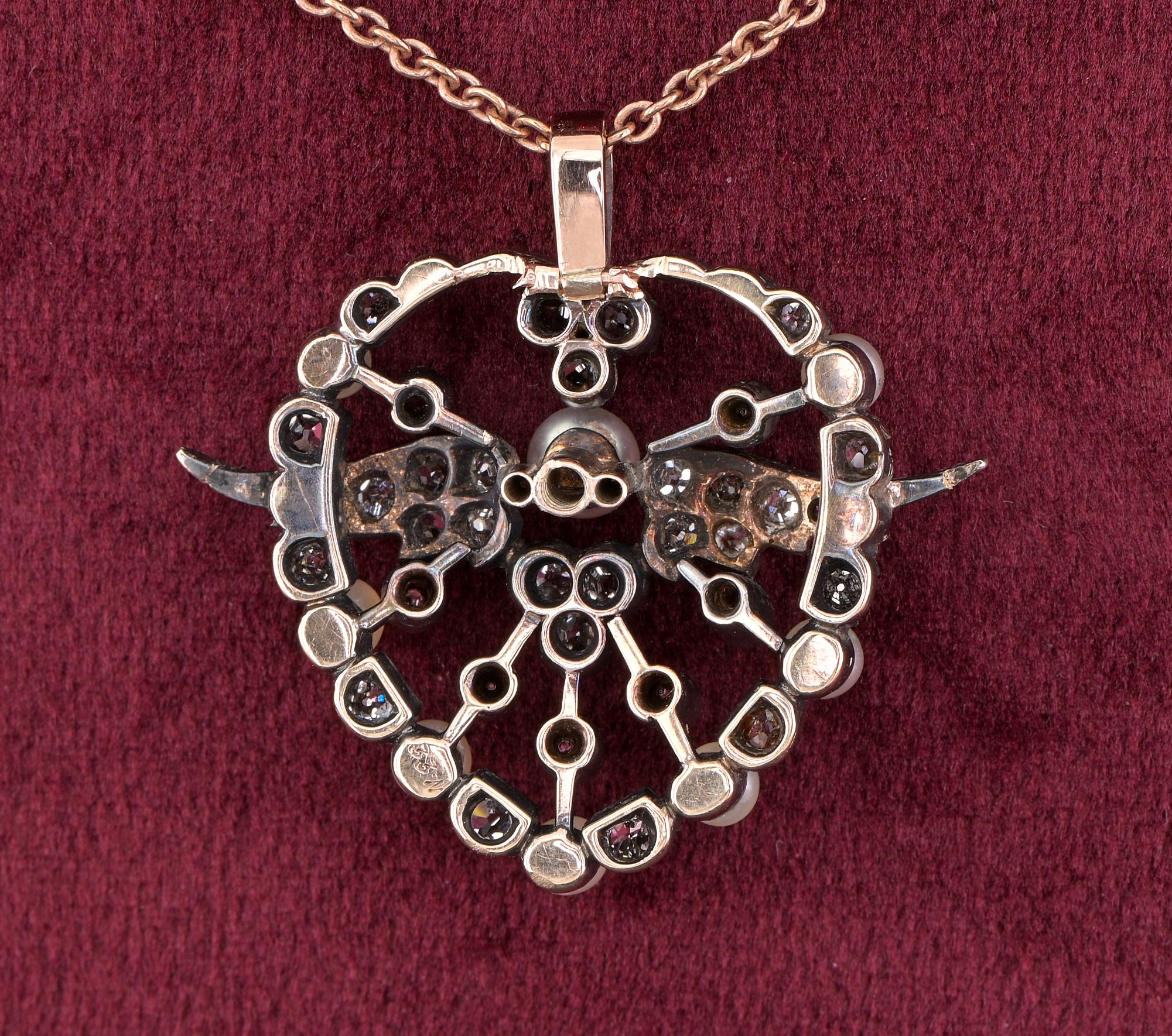 Broche/Pendentif Victorien 1.80 CT Diamond Natural Pearls Winged Heart (Coeur ailé) en vente 7