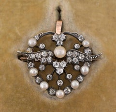 Victorian 1.80 CT Diamond Natural Pearls Winged Heart Brooch/Pendant