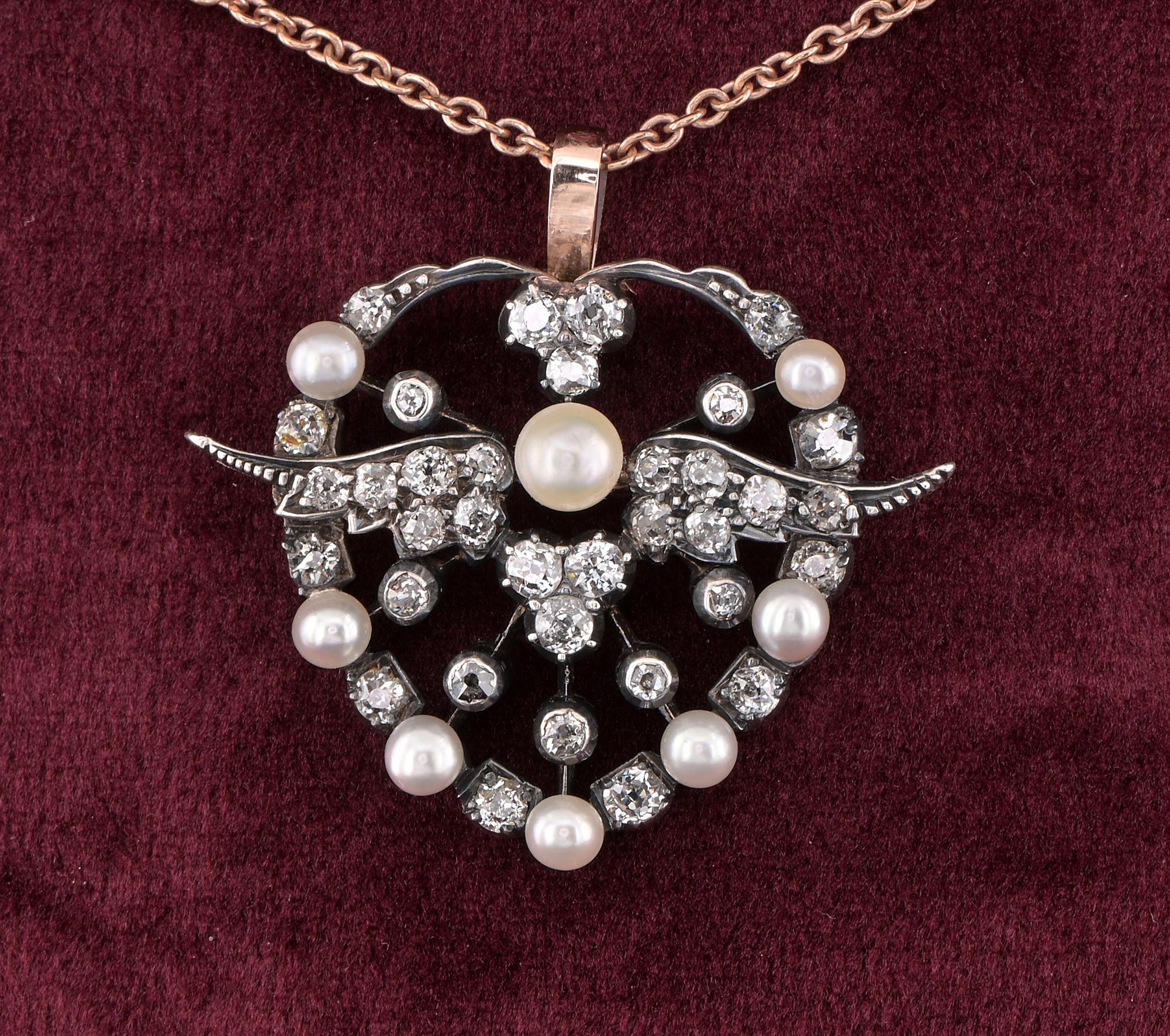 Old Mine Cut Victorian 1.80 CT Diamond Natural Pearls Winged Heart Brooch/Pendant For Sale