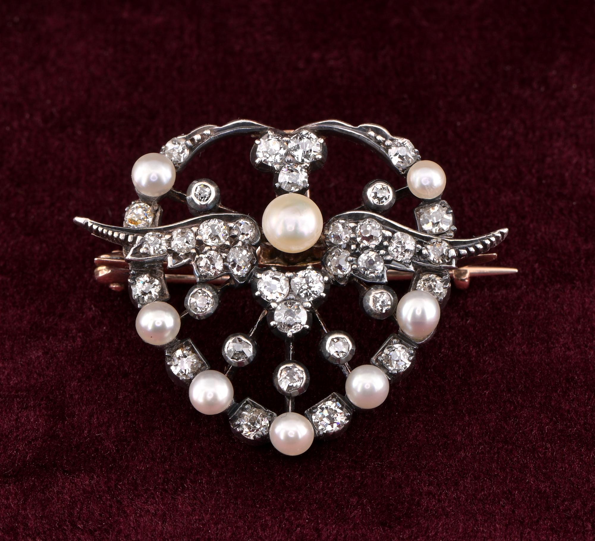 Broche/Pendentif Victorien 1.80 CT Diamond Natural Pearls Winged Heart (Coeur ailé) Bon état - En vente à Napoli, IT