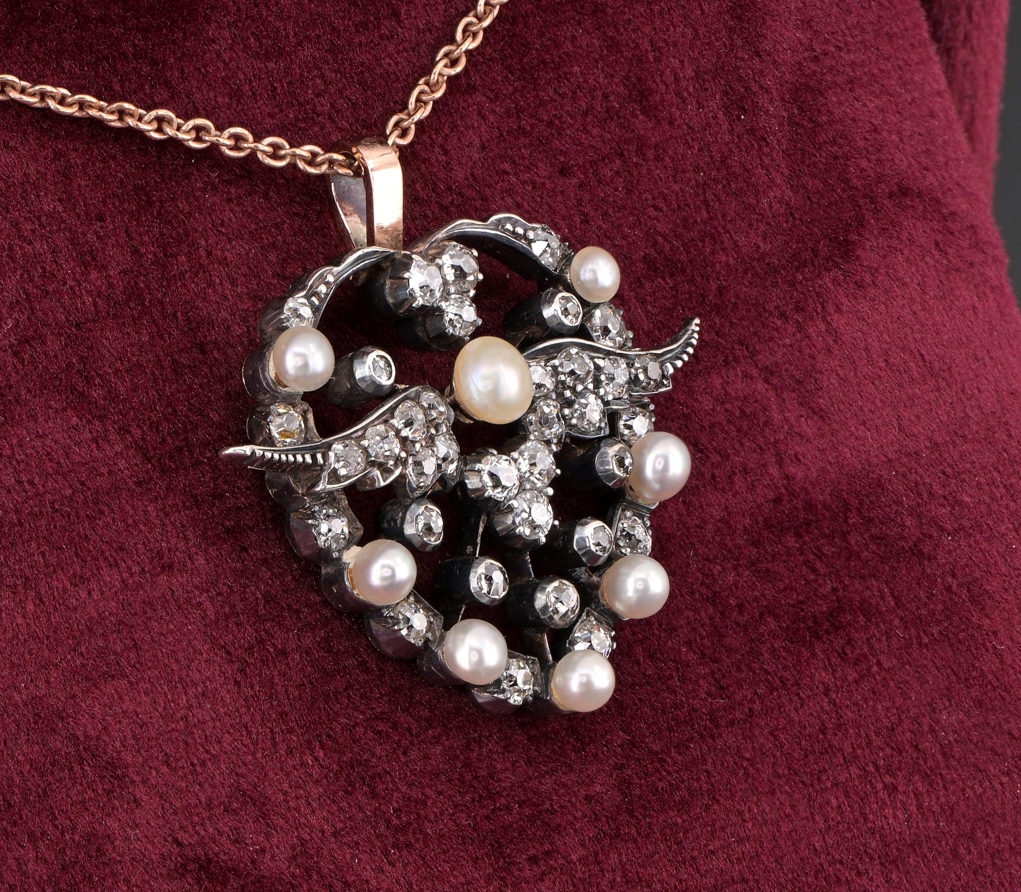 Broche/Pendentif Victorien 1.80 CT Diamond Natural Pearls Winged Heart (Coeur ailé) en vente 1