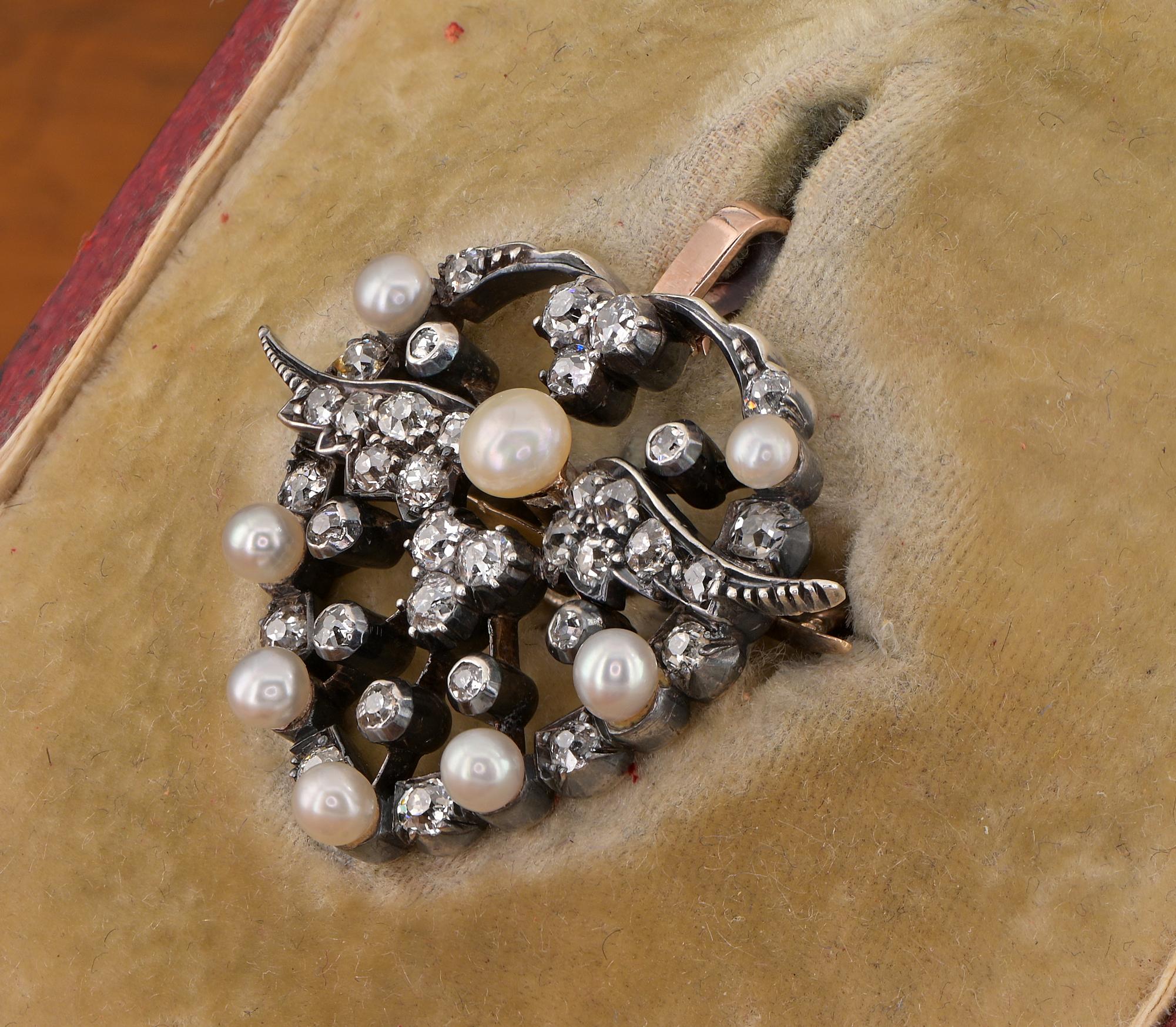 Broche/Pendentif Victorien 1.80 CT Diamond Natural Pearls Winged Heart (Coeur ailé) en vente 3