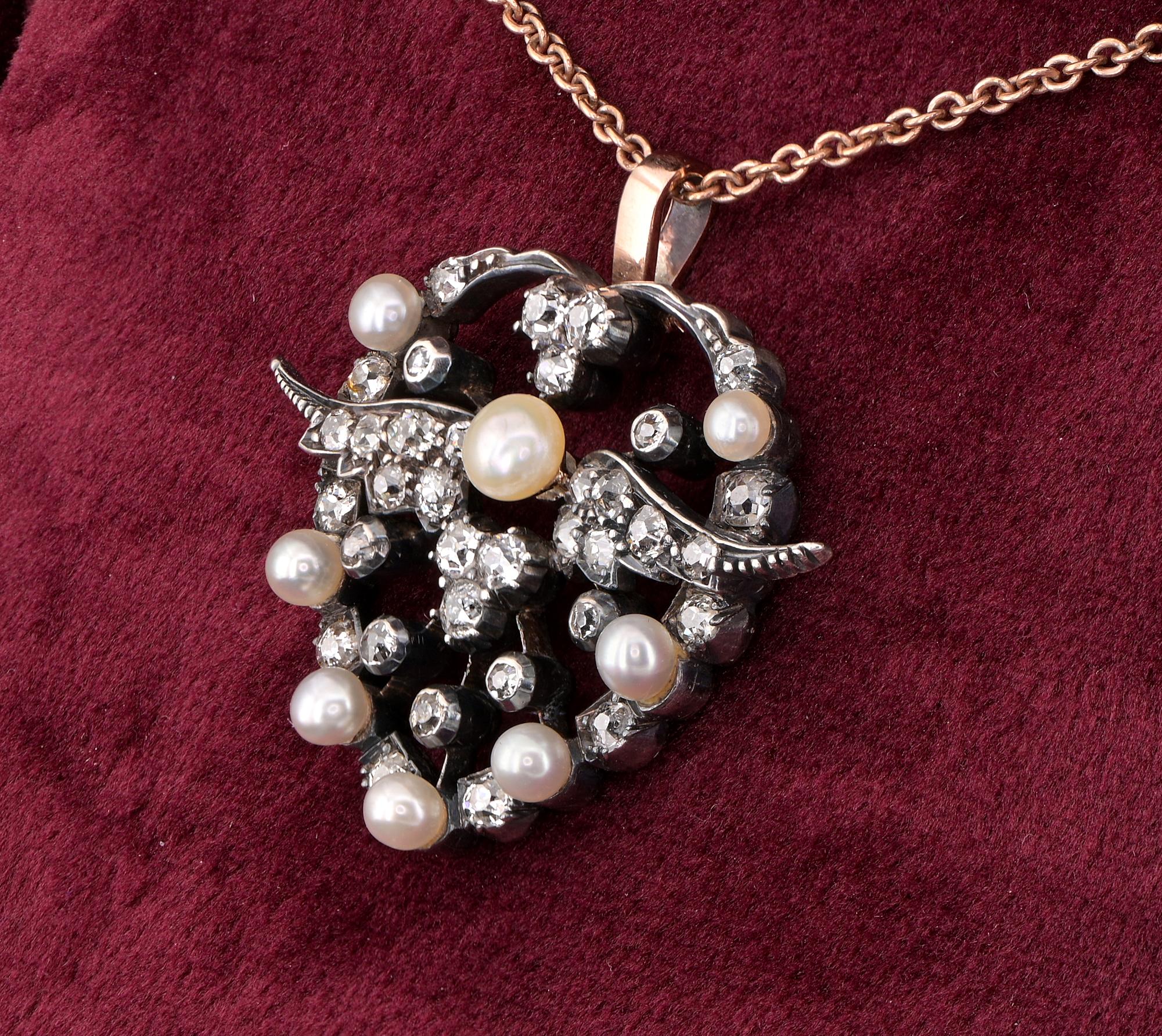 Broche/Pendentif Victorien 1.80 CT Diamond Natural Pearls Winged Heart (Coeur ailé) en vente 4