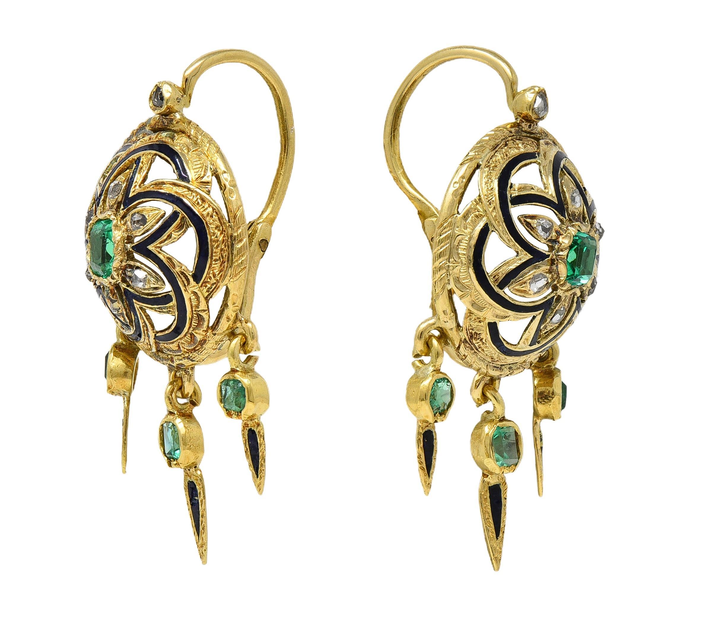 Victorian 1.80 CTW Emerald Diamond Enamel 18K Antique Fringe Drop Earrings (Viktorianisch) im Angebot