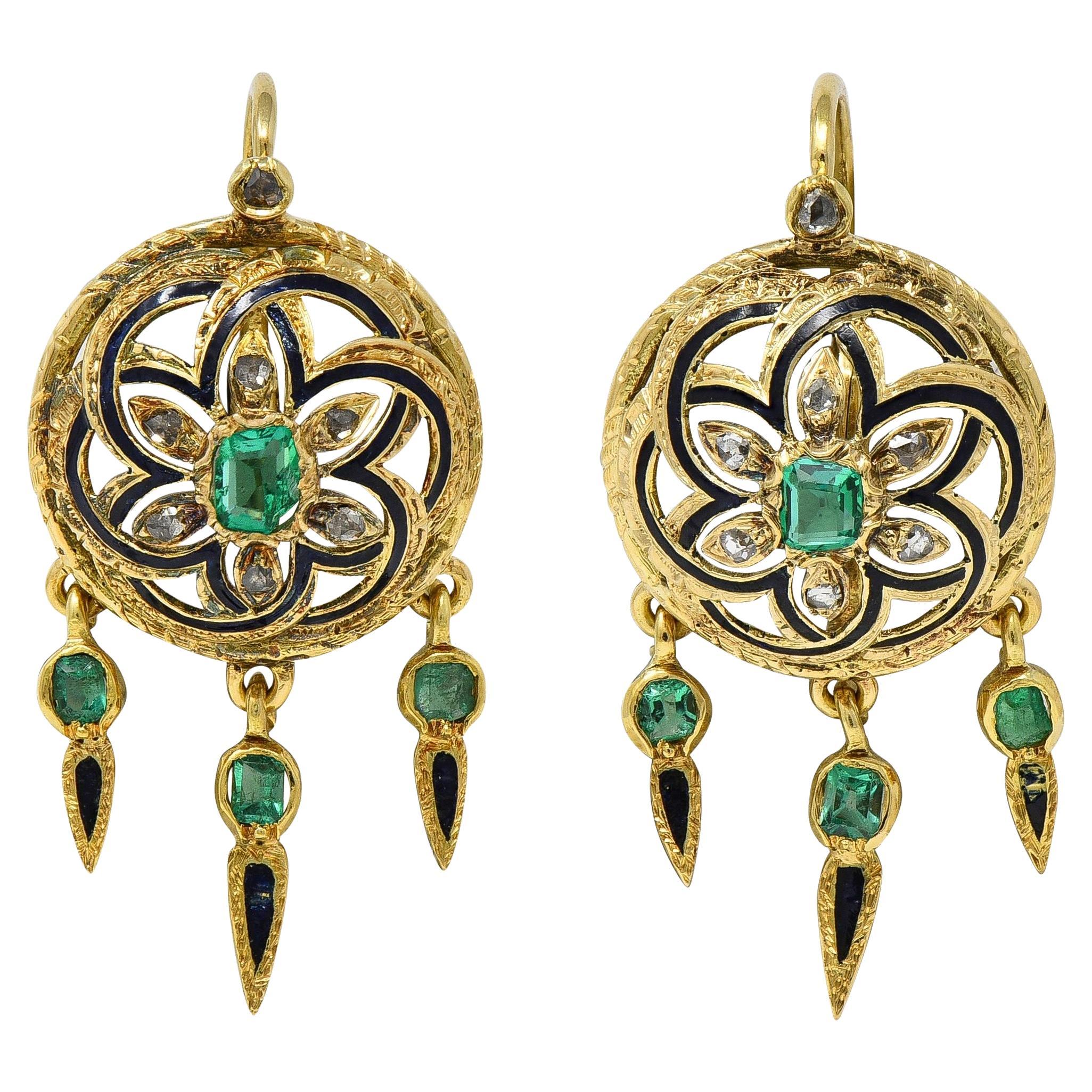 Victorian 1.80 CTW Emerald Diamond Enamel 18K Antique Fringe Drop Earrings