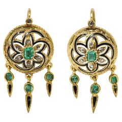 Victorian 1.80 CTW Emerald Diamond Enamel 18K Antique Fringe Drop Earrings
