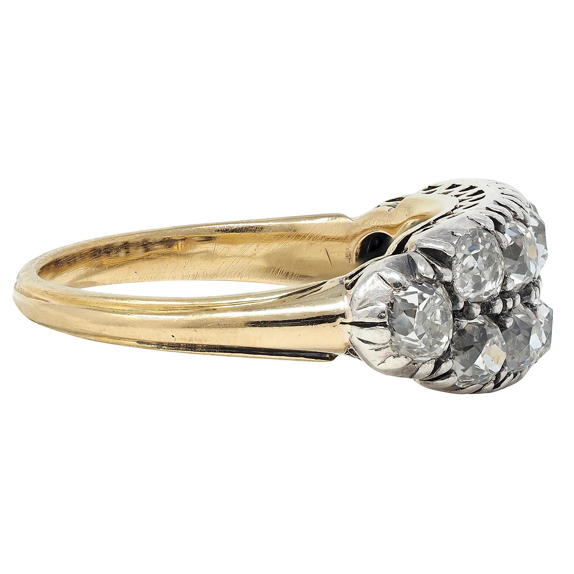 Vittoriano Anello vittoriano con diamante Old Mine da 1,80 CTW in argento e oro 18 carati, a doppia fila e antico in vendita