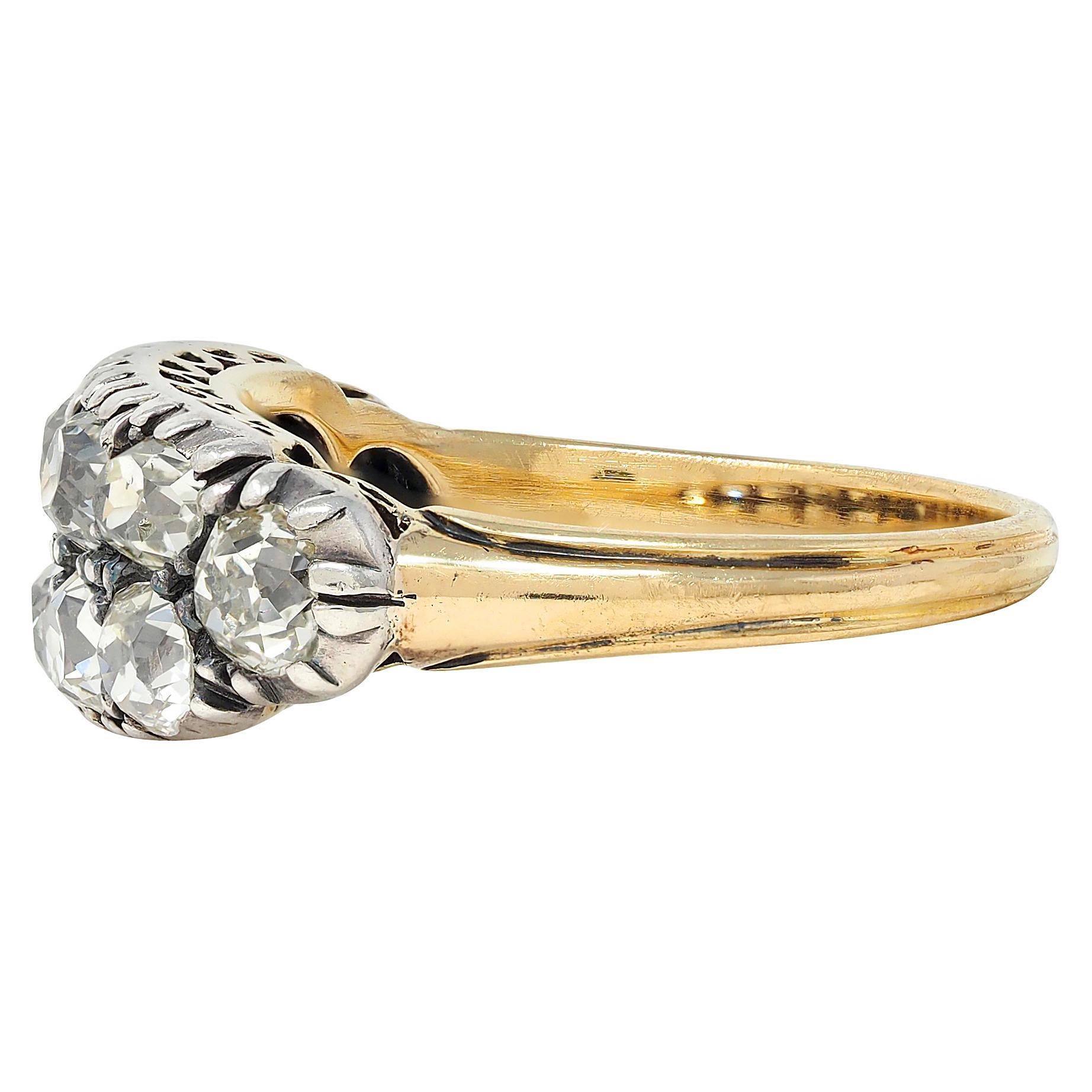 Anello vittoriano con diamante Old Mine da 1,80 CTW in argento e oro 18 carati, a doppia fila e antico In condizioni ottime in vendita a Philadelphia, PA