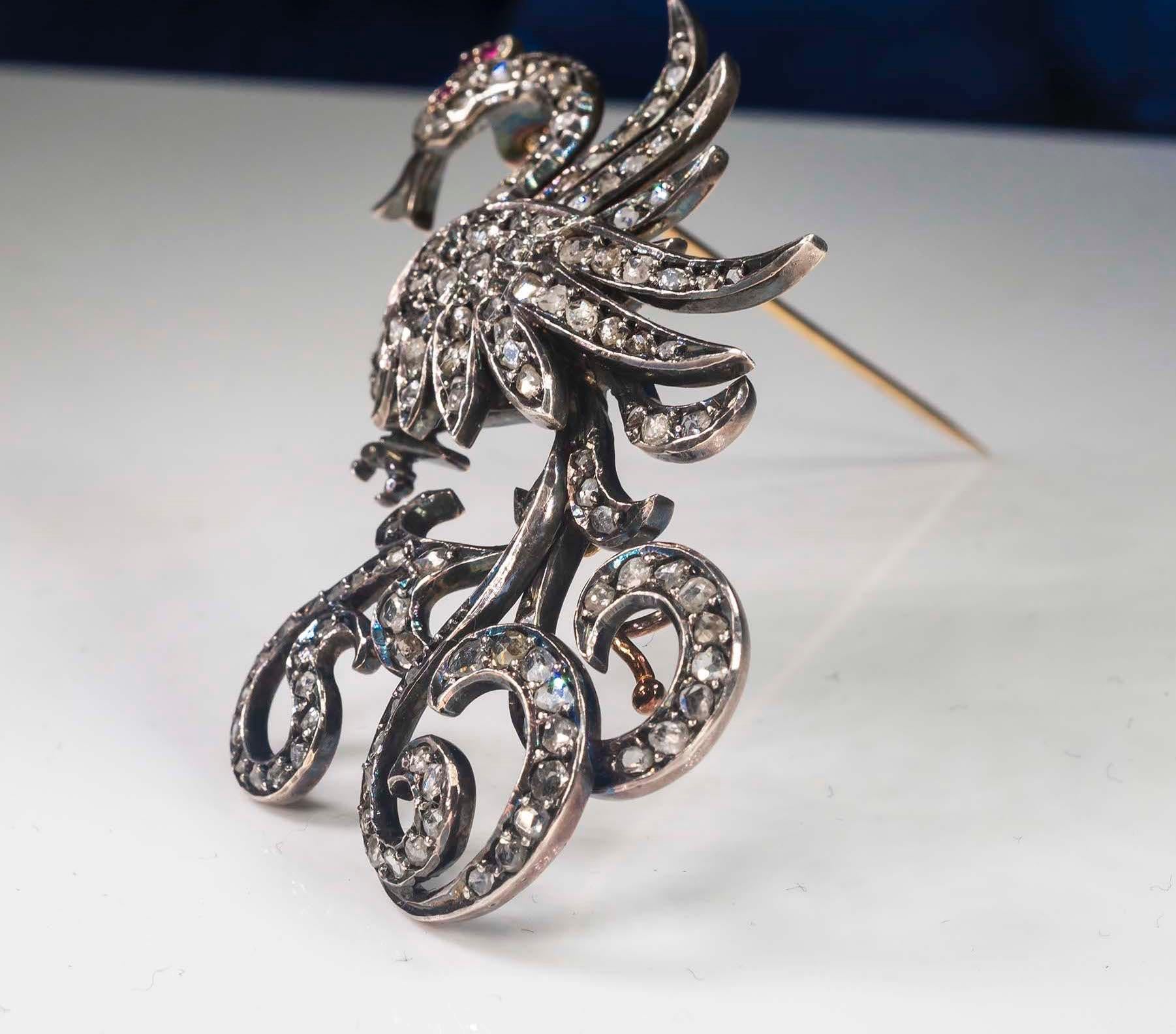 Victorian 1800s Ruby Old Mine Diamond Royal Queen Crown Swan Bird Brooch Pendant For Sale 3