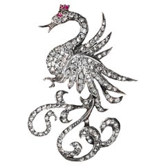Antique Victorian 1800s Ruby Old Mine Diamond Royal Queen Crown Swan Bird Brooch Pendant